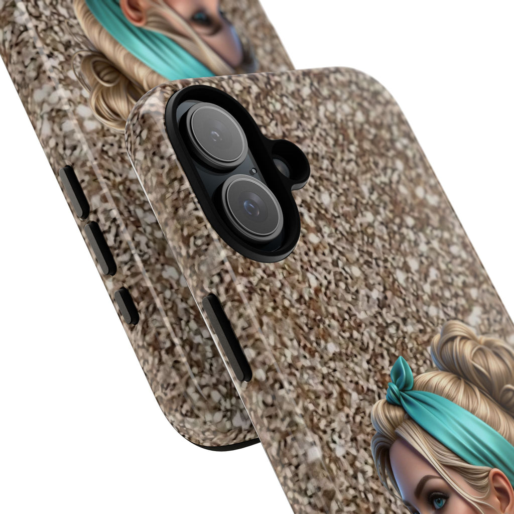 Parisian Glam Phone Case — Retro Pin-Up Girl with Teal Headscarf on Glitter Background Printify