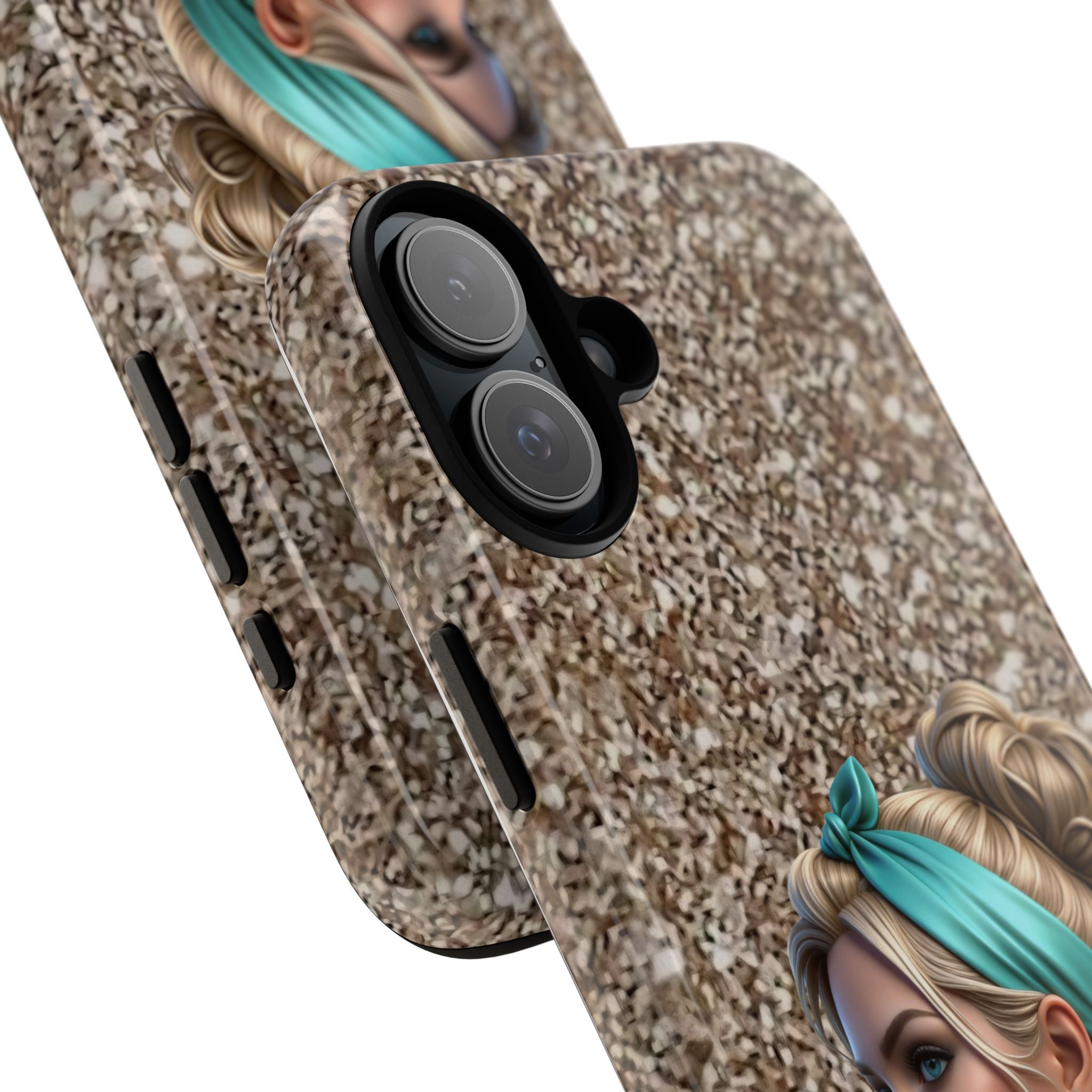 Parisian Glam Phone Case — Retro Pin-Up Girl with Teal Headscarf on Glitter Background Printify