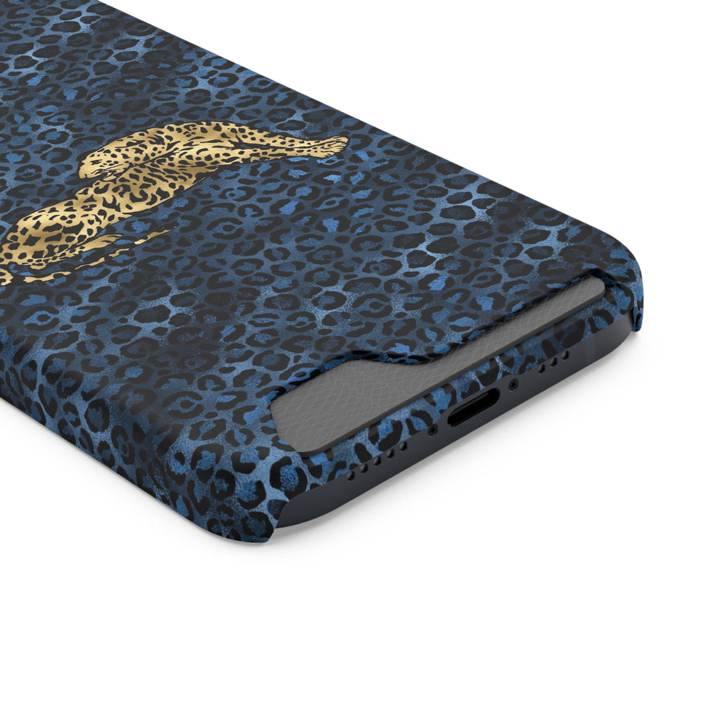 Blue Leopard Phone Case with Card Holder — Gold Cheetah Accent Printify