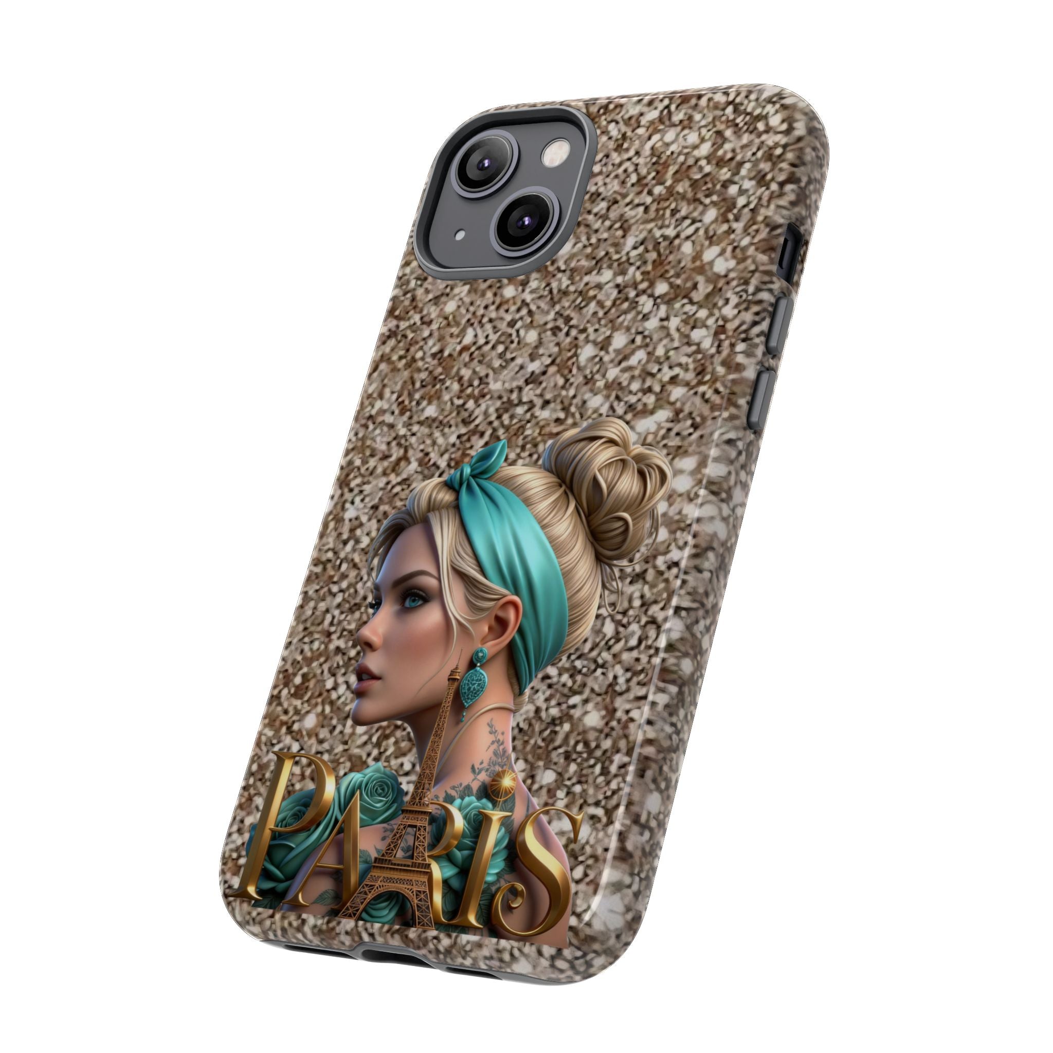 Parisian Glam Phone Case — Retro Pin-Up Girl with Teal Headscarf on Glitter Background Printify
