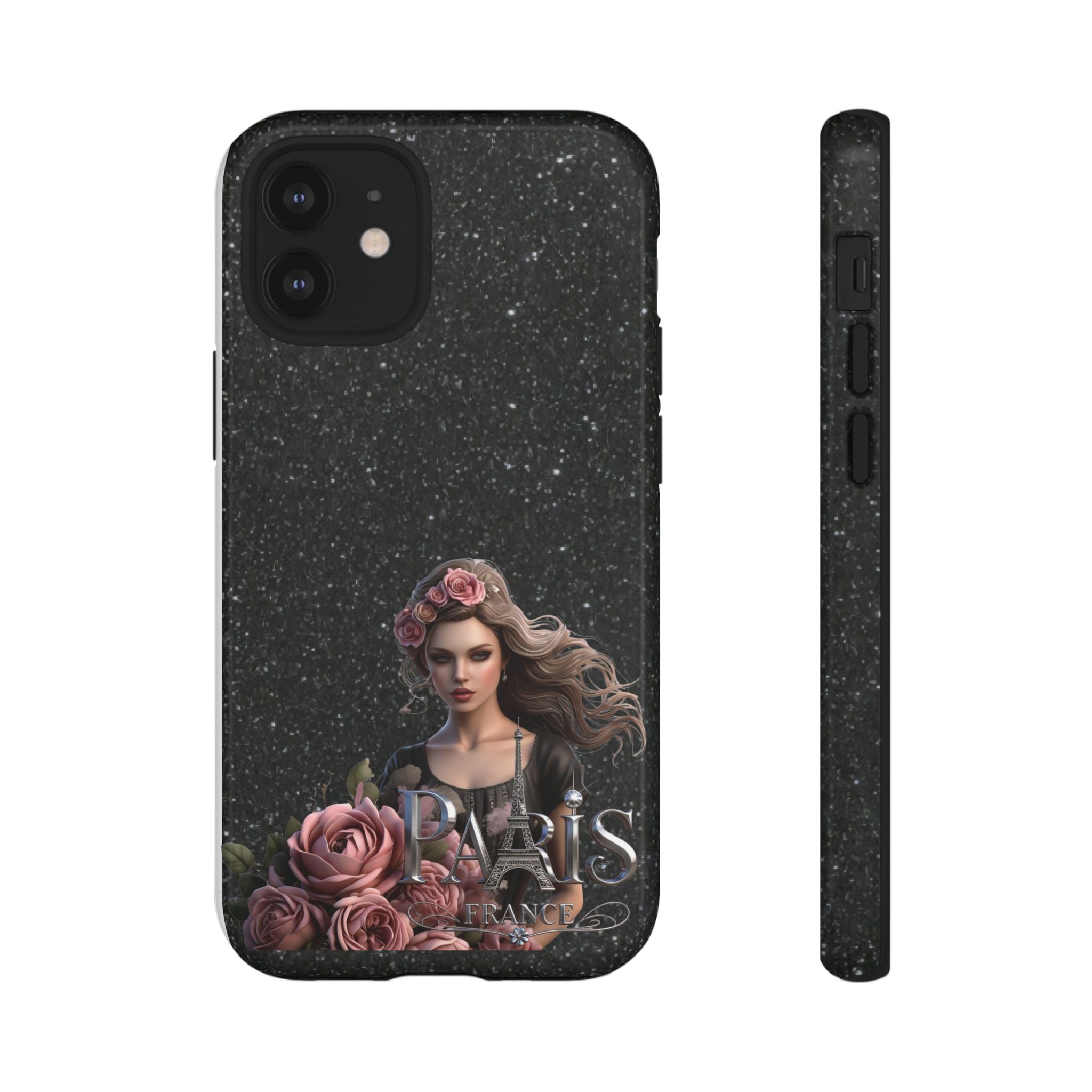 Floral Gothic Phone Case — Rose Crowned Woman on Sparkle Black Printify