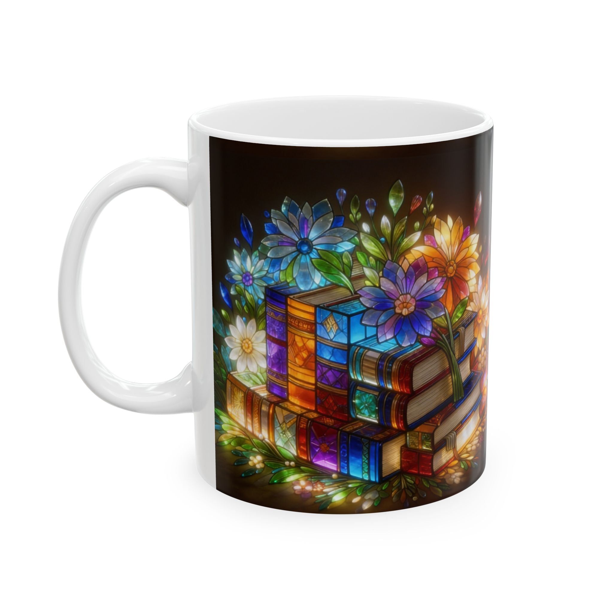 Color Glas Ceramic Mug — Stained Glass Books & Flowers Floral Reading Mug (11oz/15oz) Printify