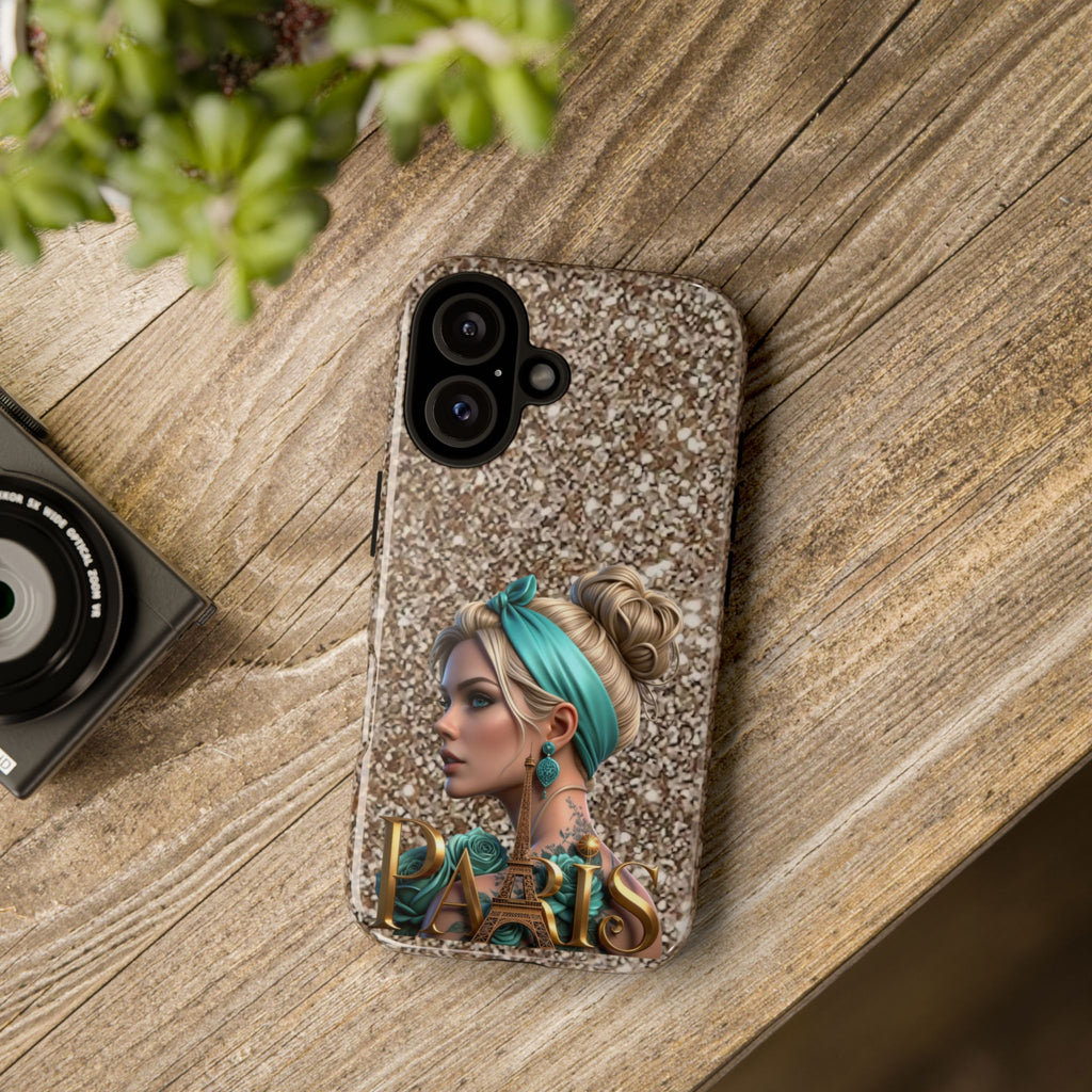 Parisian Glam Phone Case — Retro Pin-Up Girl with Teal Headscarf on Glitter Background Printify