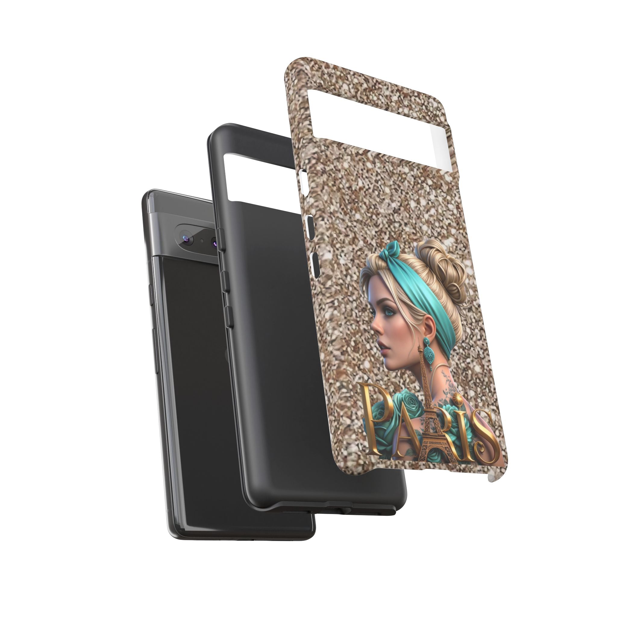 Parisian Glam Phone Case — Retro Pin-Up Girl with Teal Headscarf on Glitter Background Printify