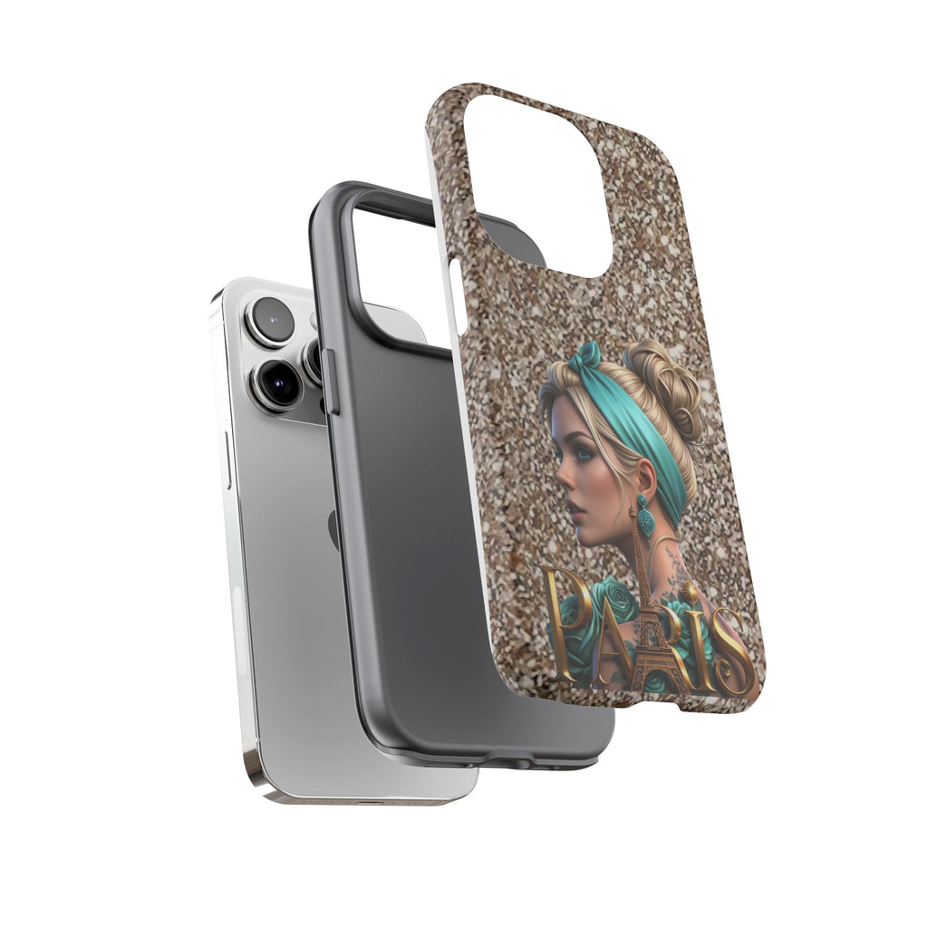 Parisian Glam Phone Case — Retro Pin-Up Girl with Teal Headscarf on Glitter Background Printify