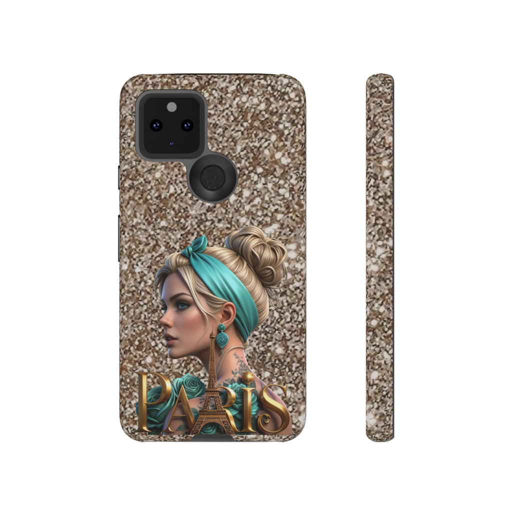 Parisian Glam Phone Case — Retro Pin-Up Girl with Teal Headscarf on Glitter Background Printify
