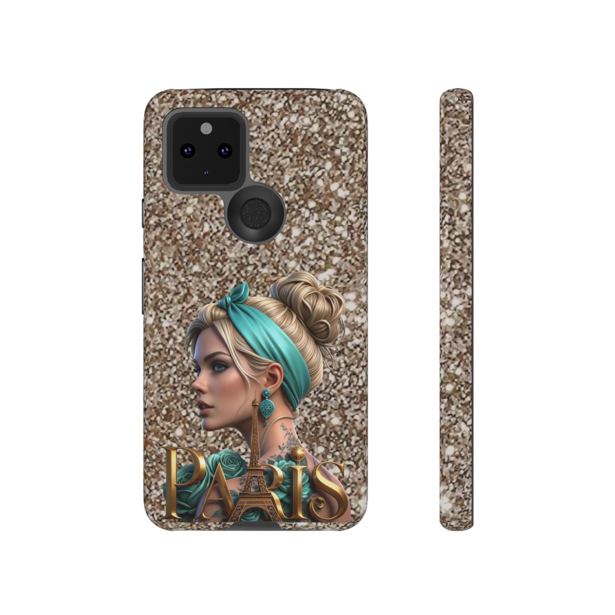 Parisian Glam Phone Case — Retro Pin-Up Girl with Teal Headscarf on Glitter Background Printify