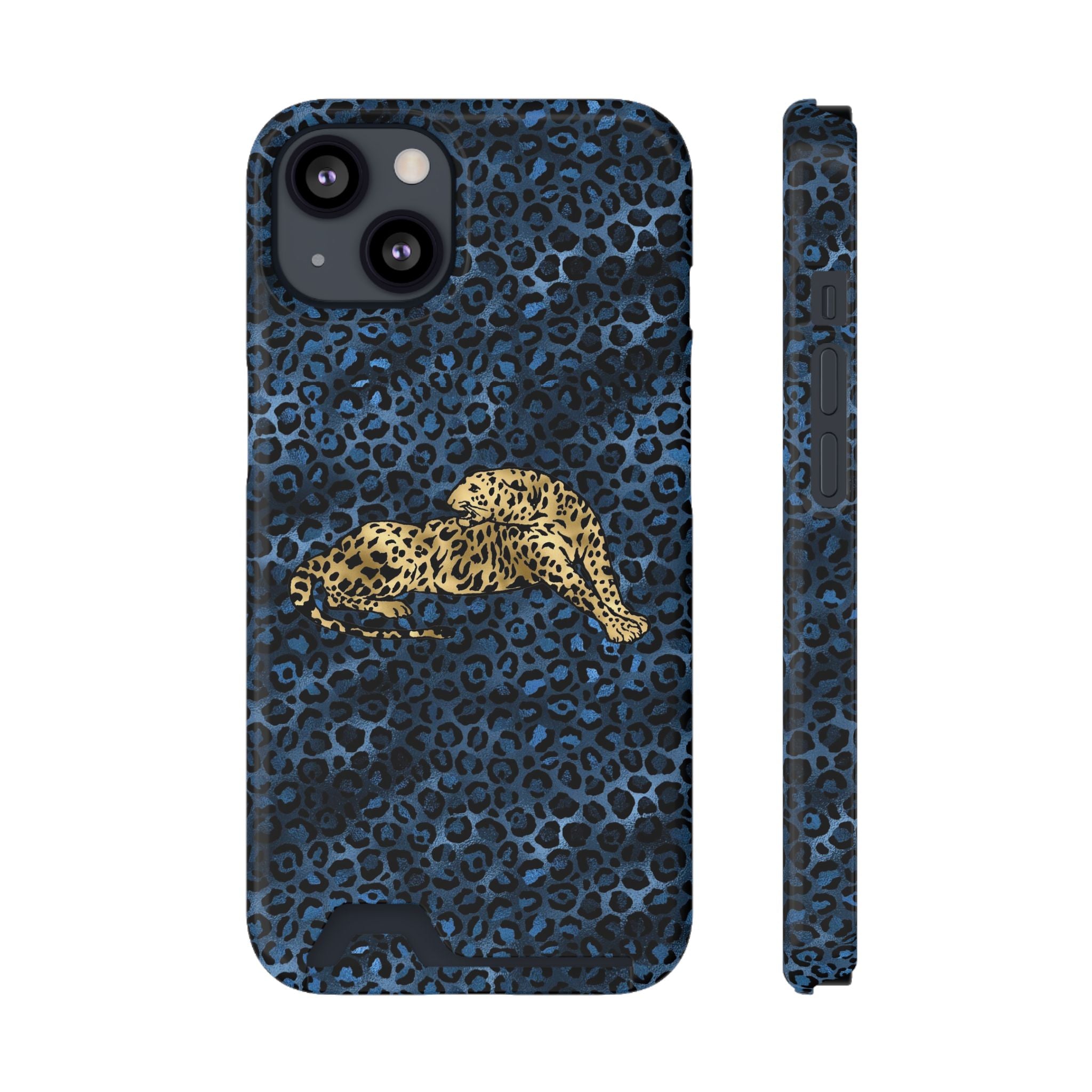 Blue Leopard Phone Case with Card Holder — Gold Cheetah Accent Printify