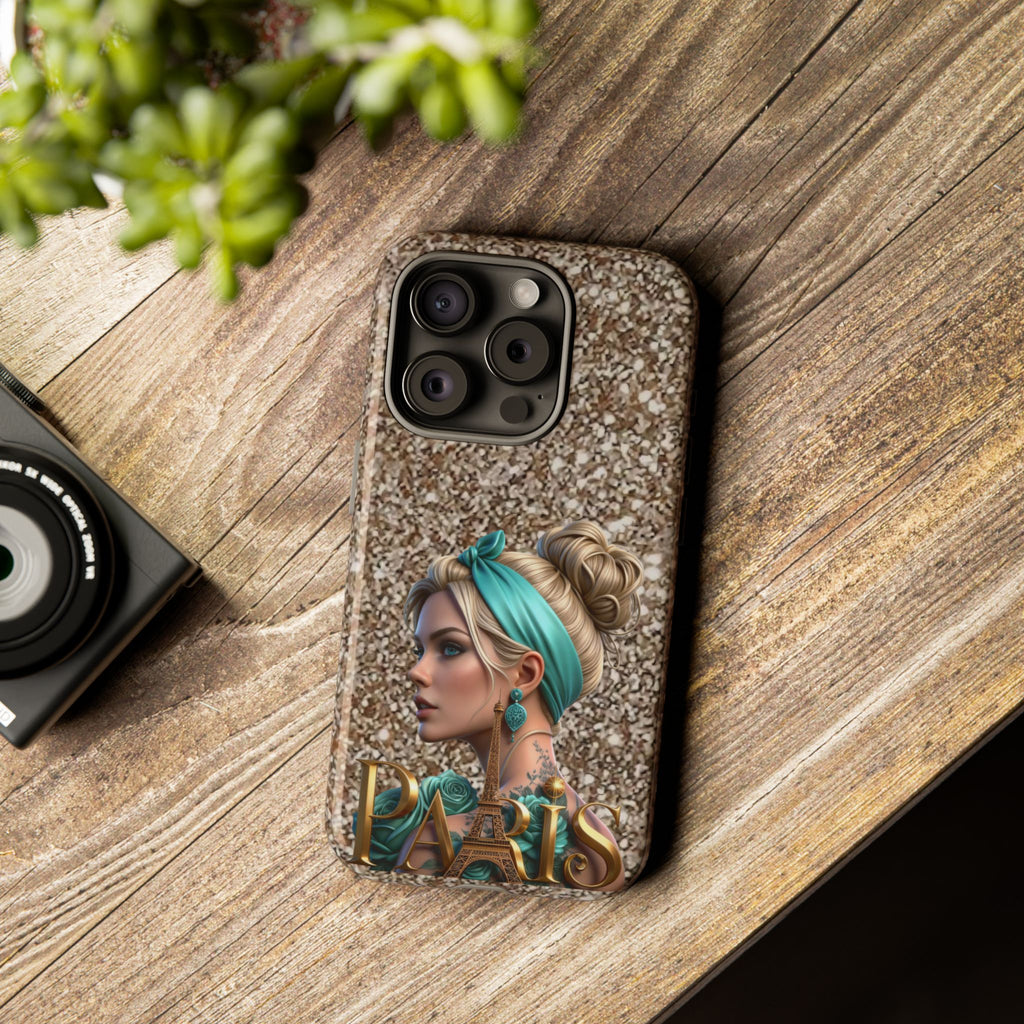 Parisian Glam Phone Case — Retro Pin-Up Girl with Teal Headscarf on Glitter Background Printify