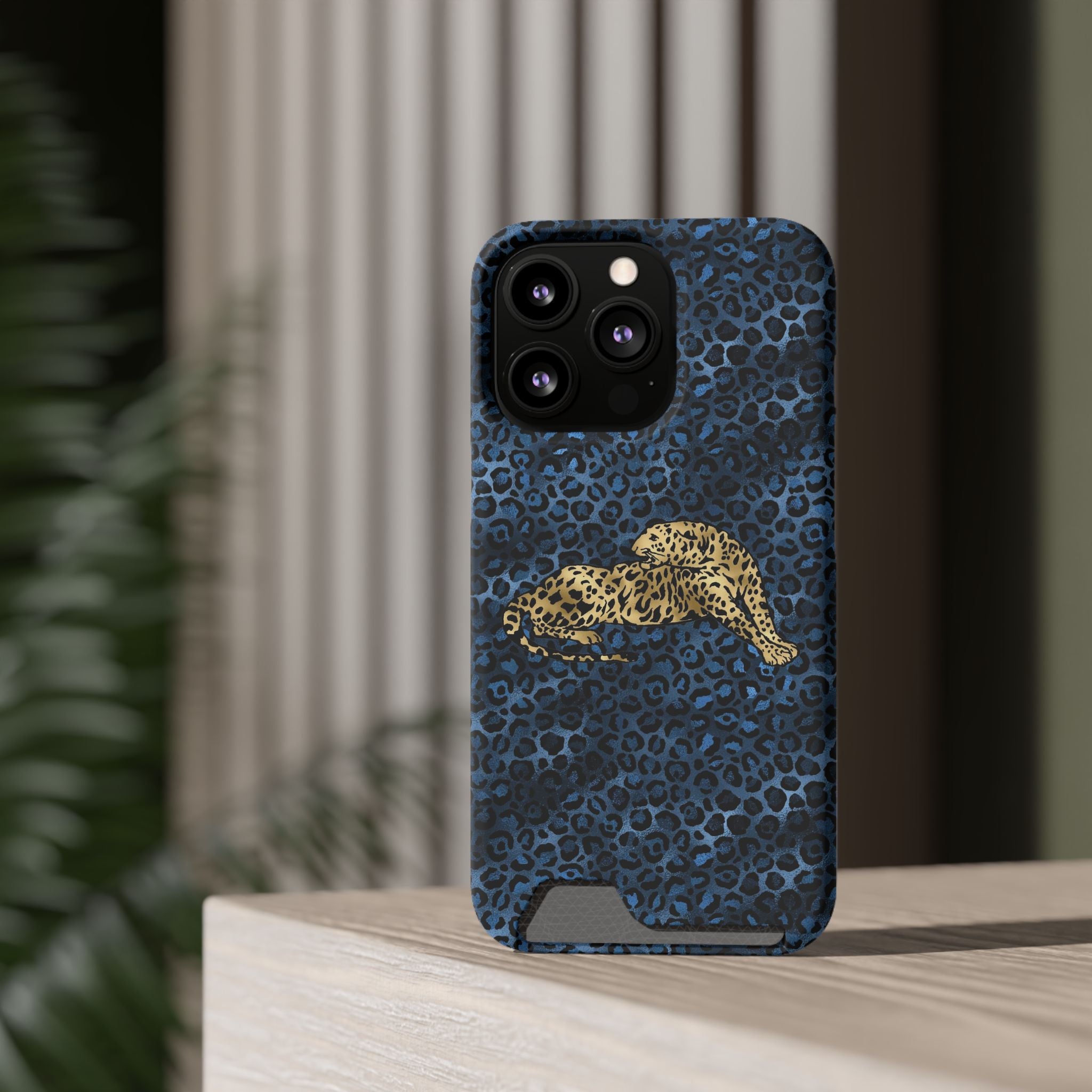 Blue Leopard Phone Case with Card Holder — Gold Cheetah Accent Printify