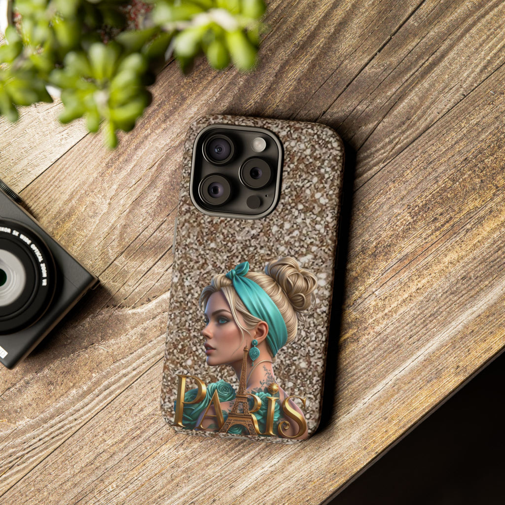 Parisian Glam Phone Case — Retro Pin-Up Girl with Teal Headscarf on Glitter Background Printify