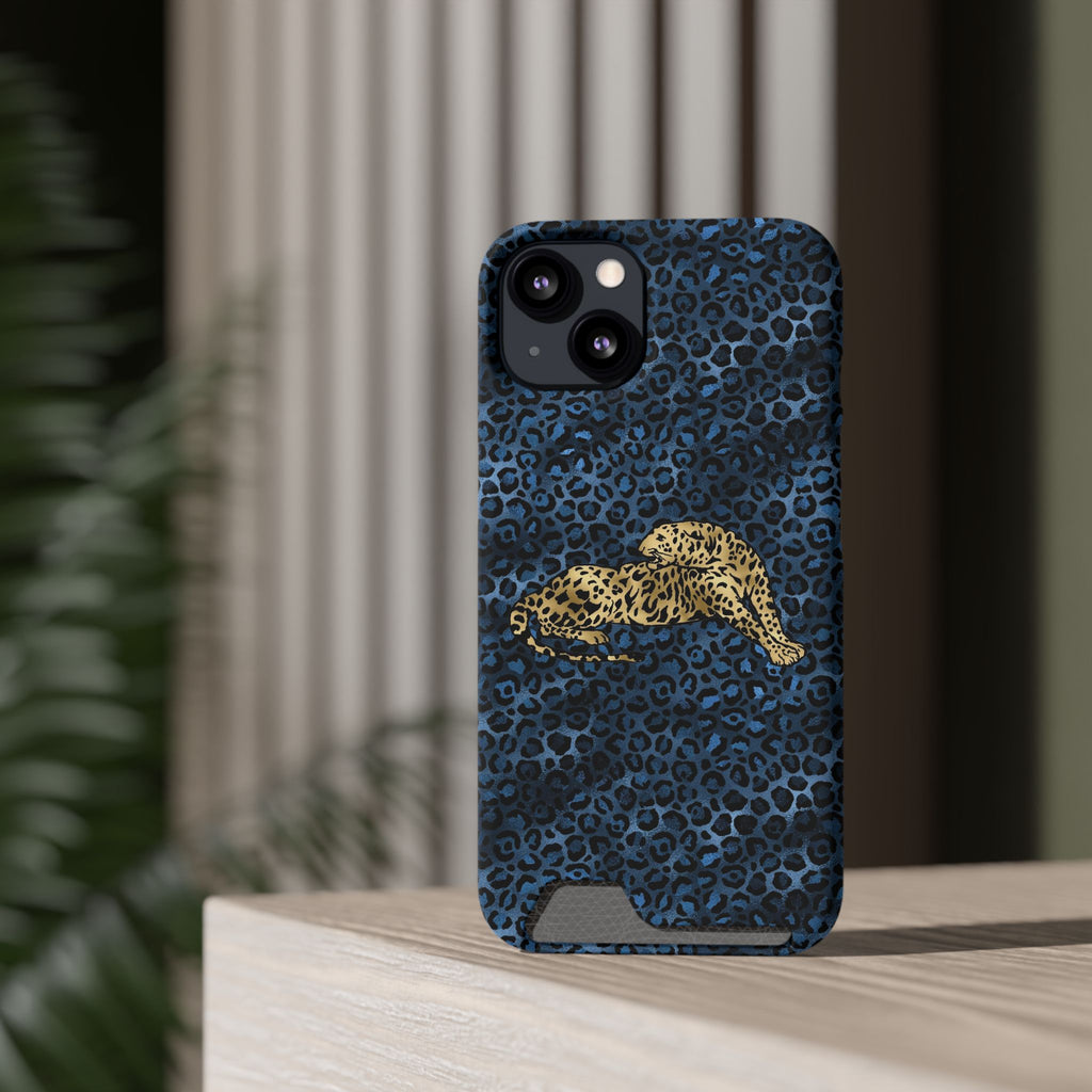 Blue Leopard Phone Case with Card Holder — Gold Cheetah Accent Printify