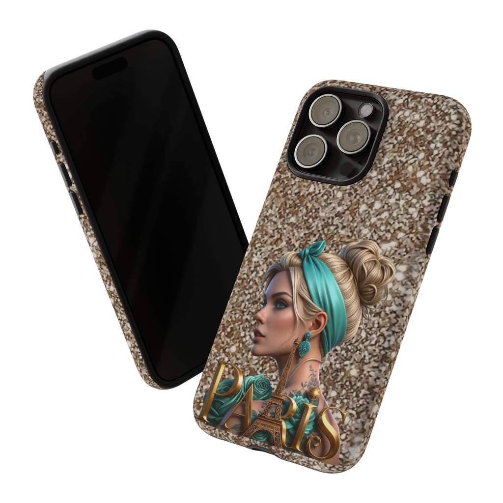 Parisian Glam Phone Case — Retro Pin-Up Girl with Teal Headscarf on Glitter Background Printify