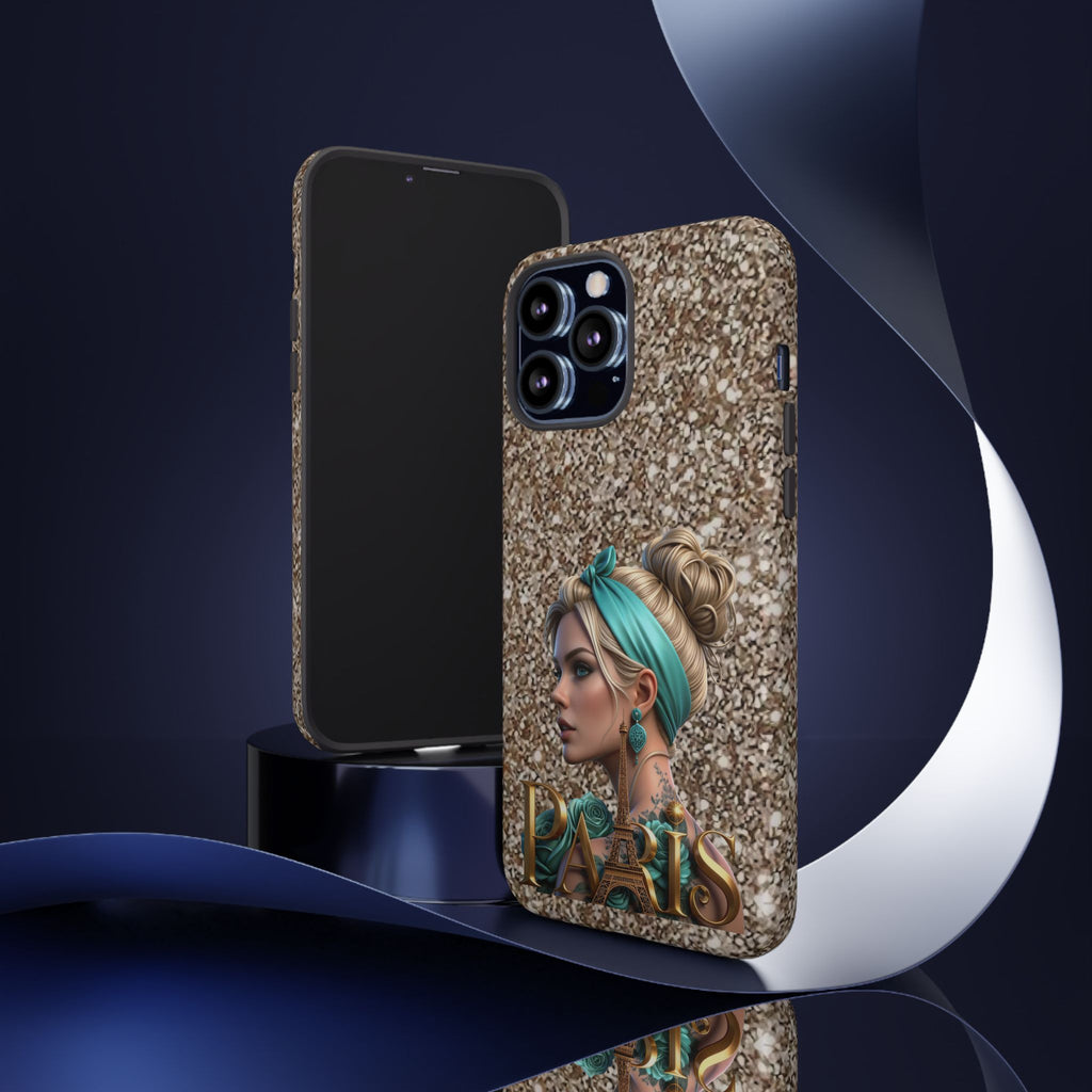 Parisian Glam Phone Case — Retro Pin-Up Girl with Teal Headscarf on Glitter Background Printify