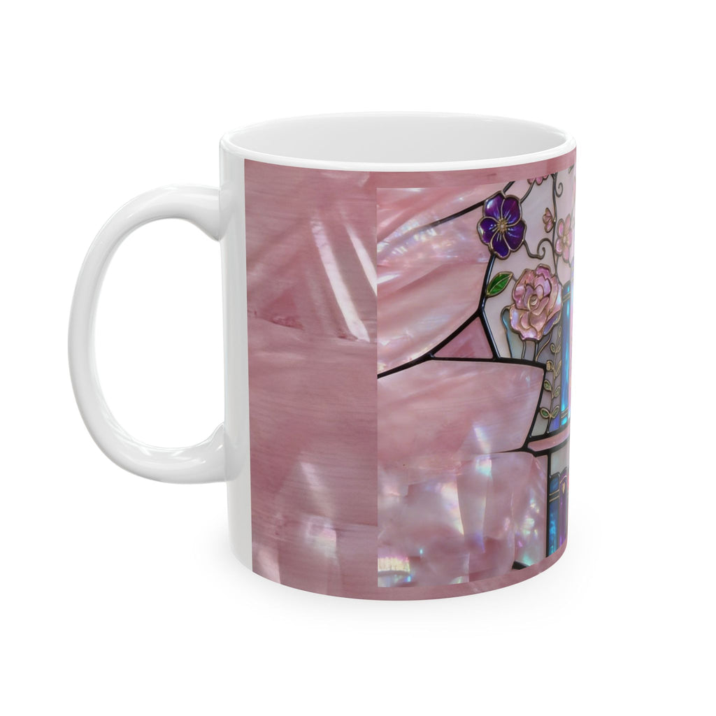 Color Glass Bookshelf  Mug — Pink Stained-Glass Book Lover Coffee Cup (11oz/15oz) Printify