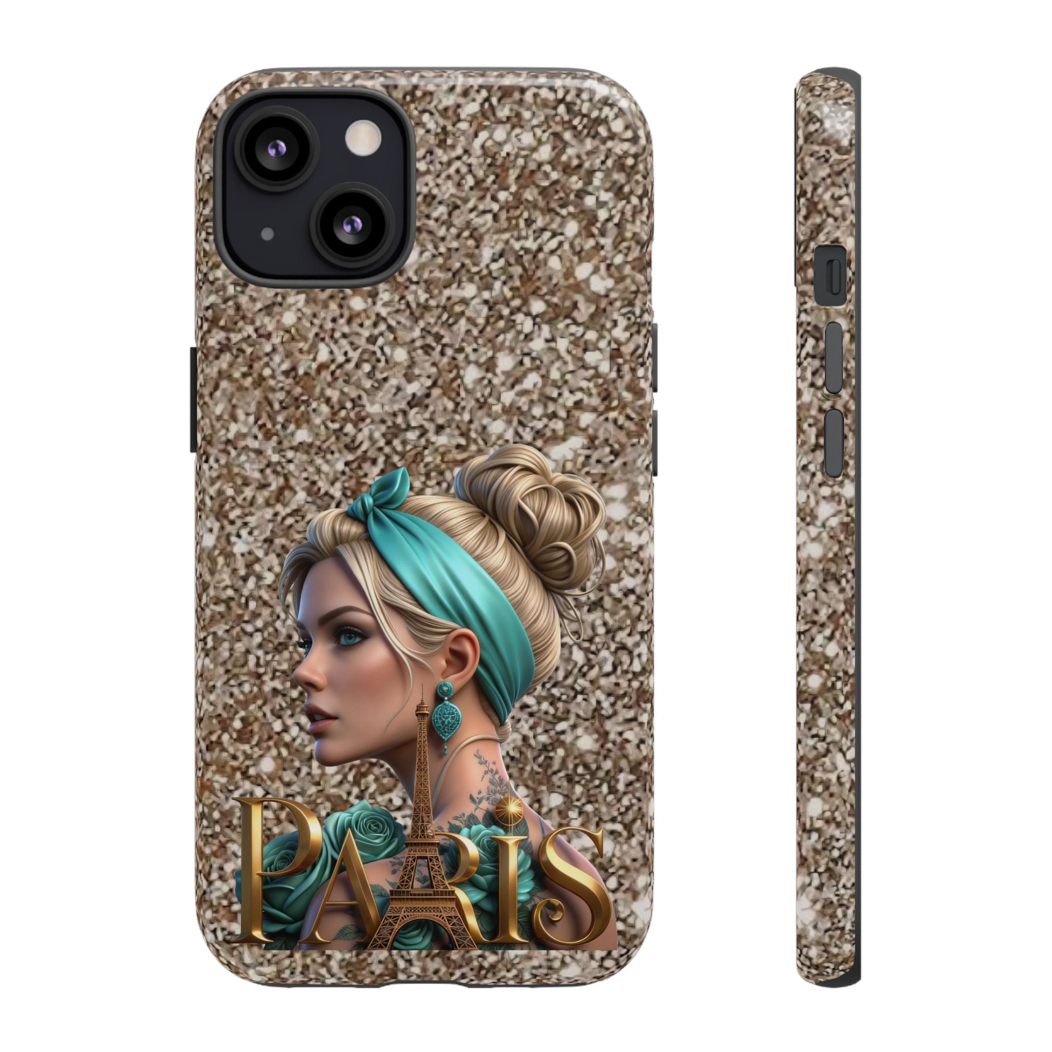 Parisian Glam Phone Case — Retro Pin-Up Girl with Teal Headscarf on Glitter Background Printify