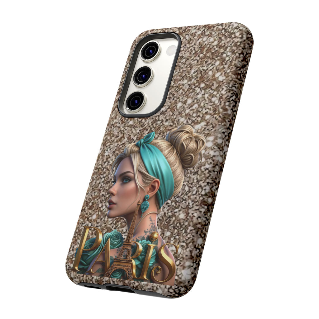 Parisian Glam Phone Case — Retro Pin-Up Girl with Teal Headscarf on Glitter Background Printify