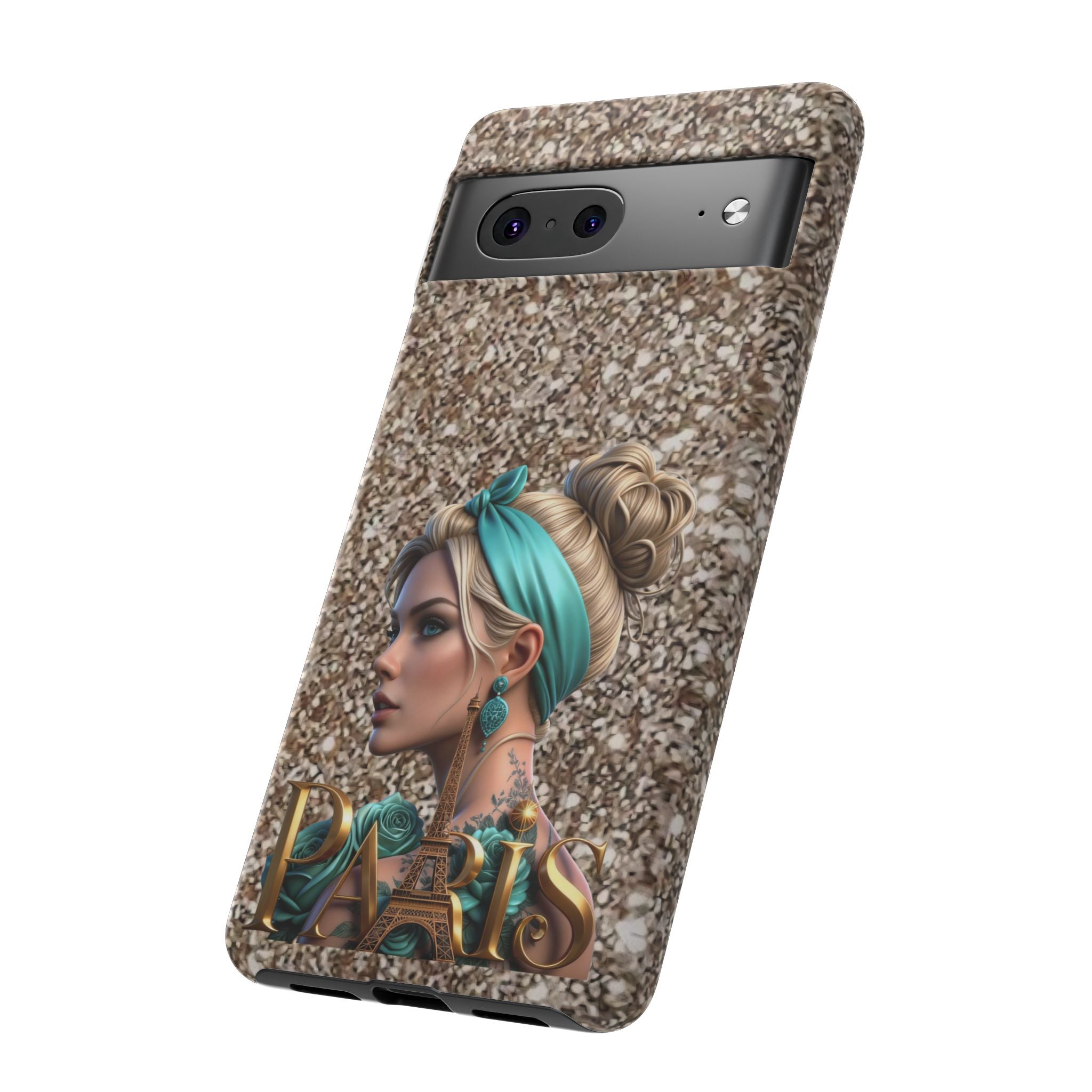 Parisian Glam Phone Case — Retro Pin-Up Girl with Teal Headscarf on Glitter Background Printify