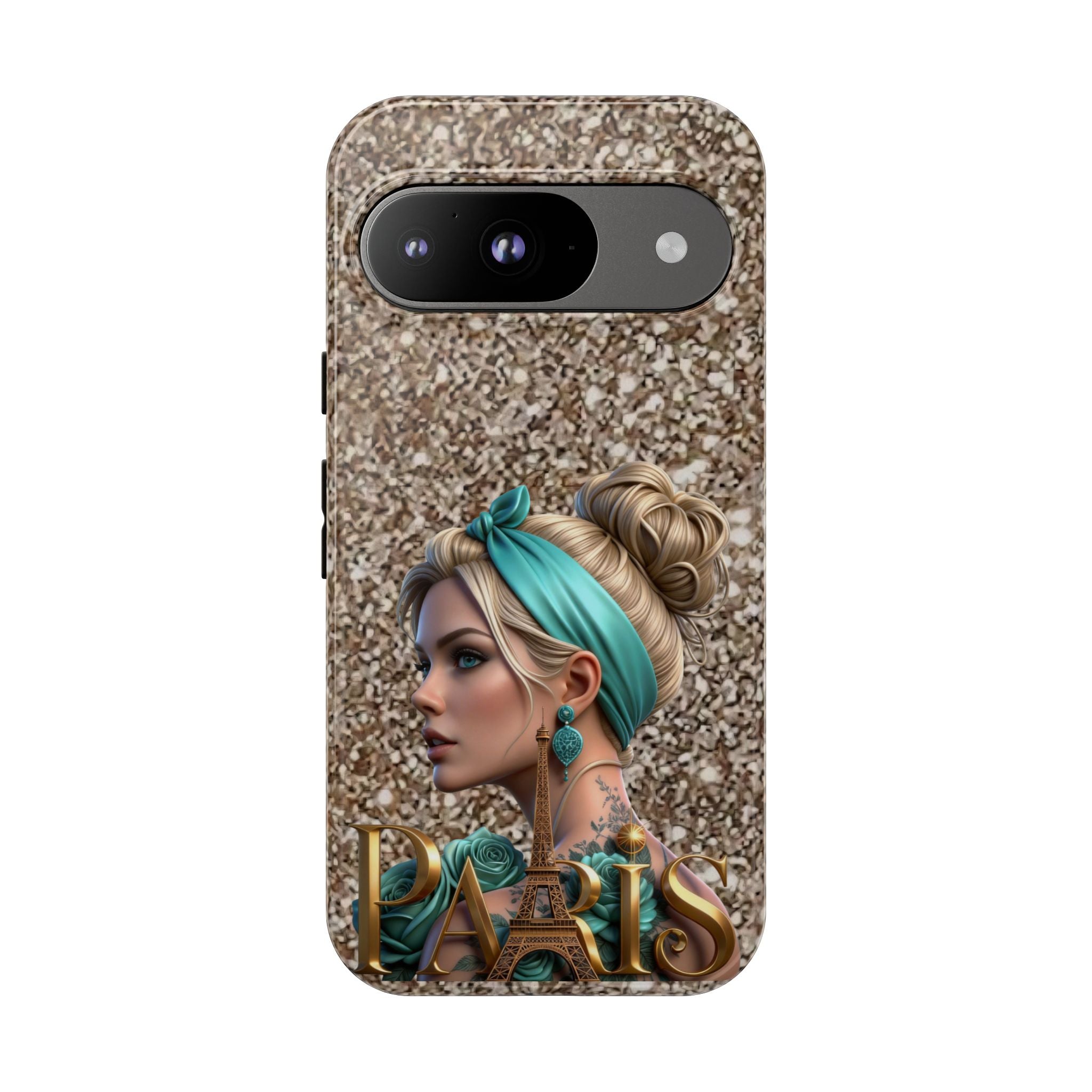 Parisian Glam Phone Case — Retro Pin-Up Girl with Teal Headscarf on Glitter Background Printify