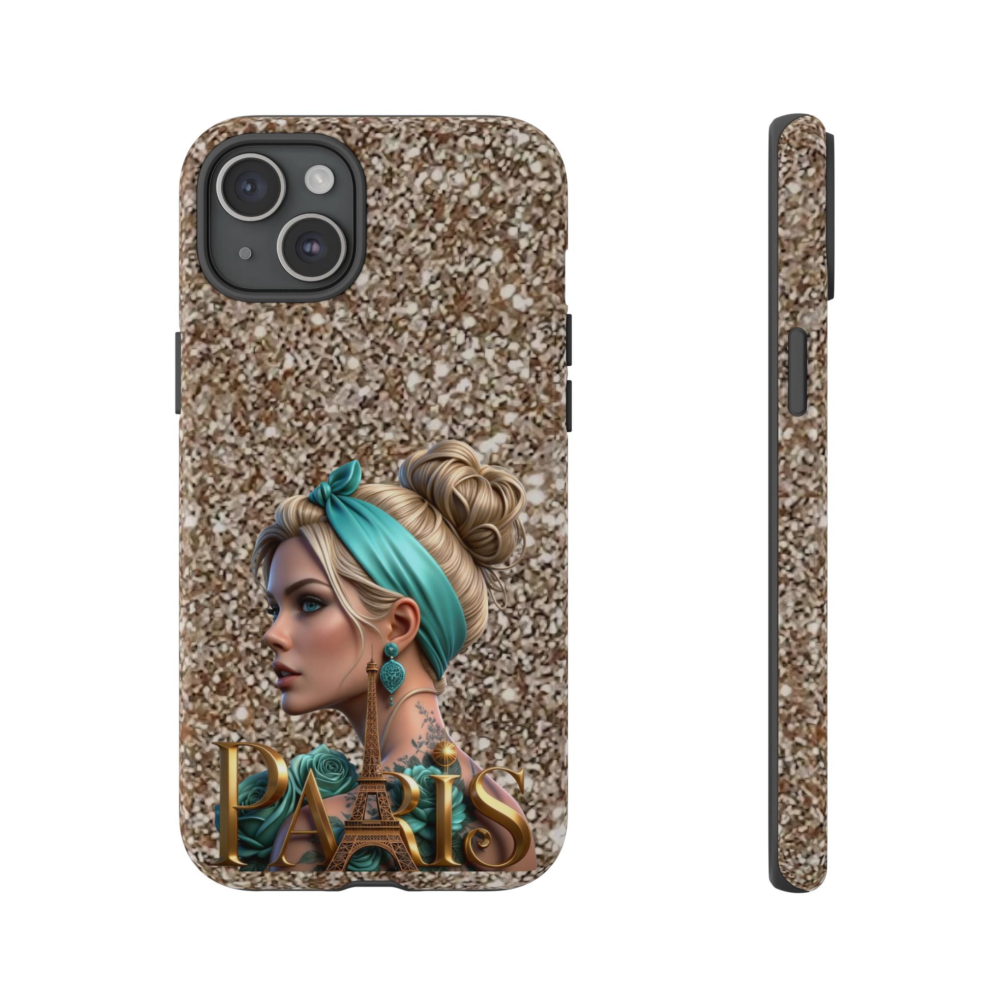 Parisian Glam Phone Case — Retro Pin-Up Girl with Teal Headscarf on Glitter Background Printify