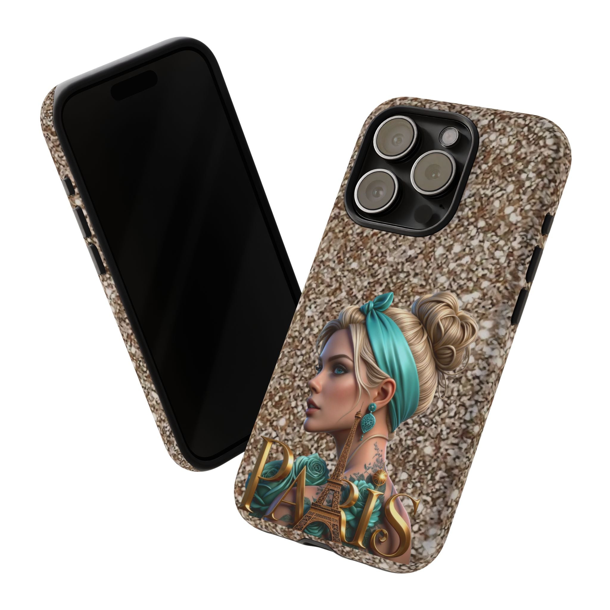 Parisian Glam Phone Case — Retro Pin-Up Girl with Teal Headscarf on Glitter Background Printify