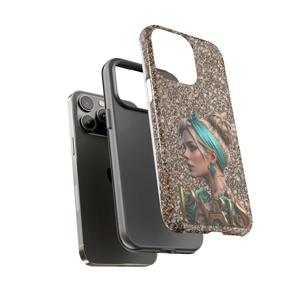 Parisian Glam Phone Case — Retro Pin-Up Girl with Teal Headscarf on Glitter Background Printify