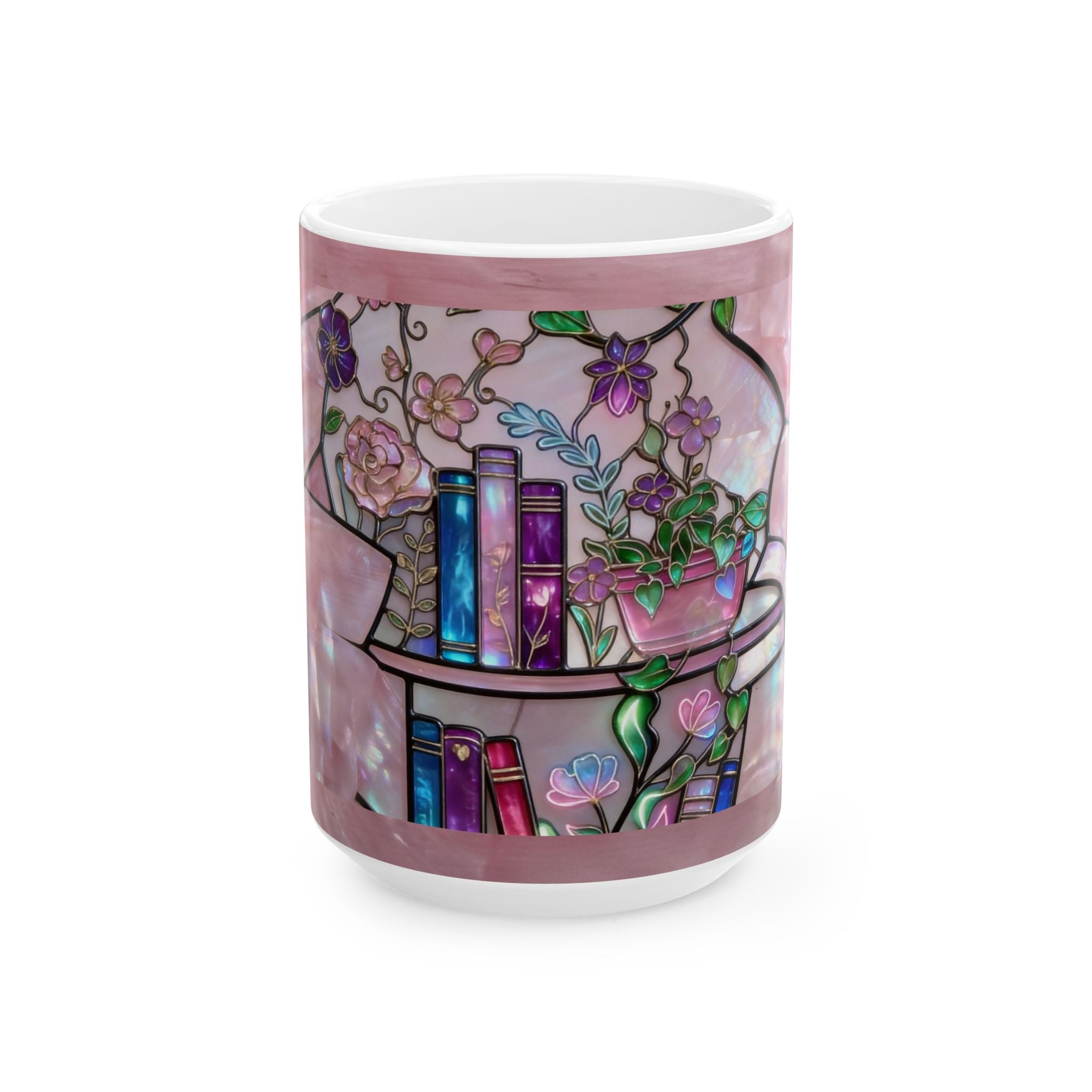 Color Glass Bookshelf  Mug — Pink Stained-Glass Book Lover Coffee Cup (11oz/15oz) Printify