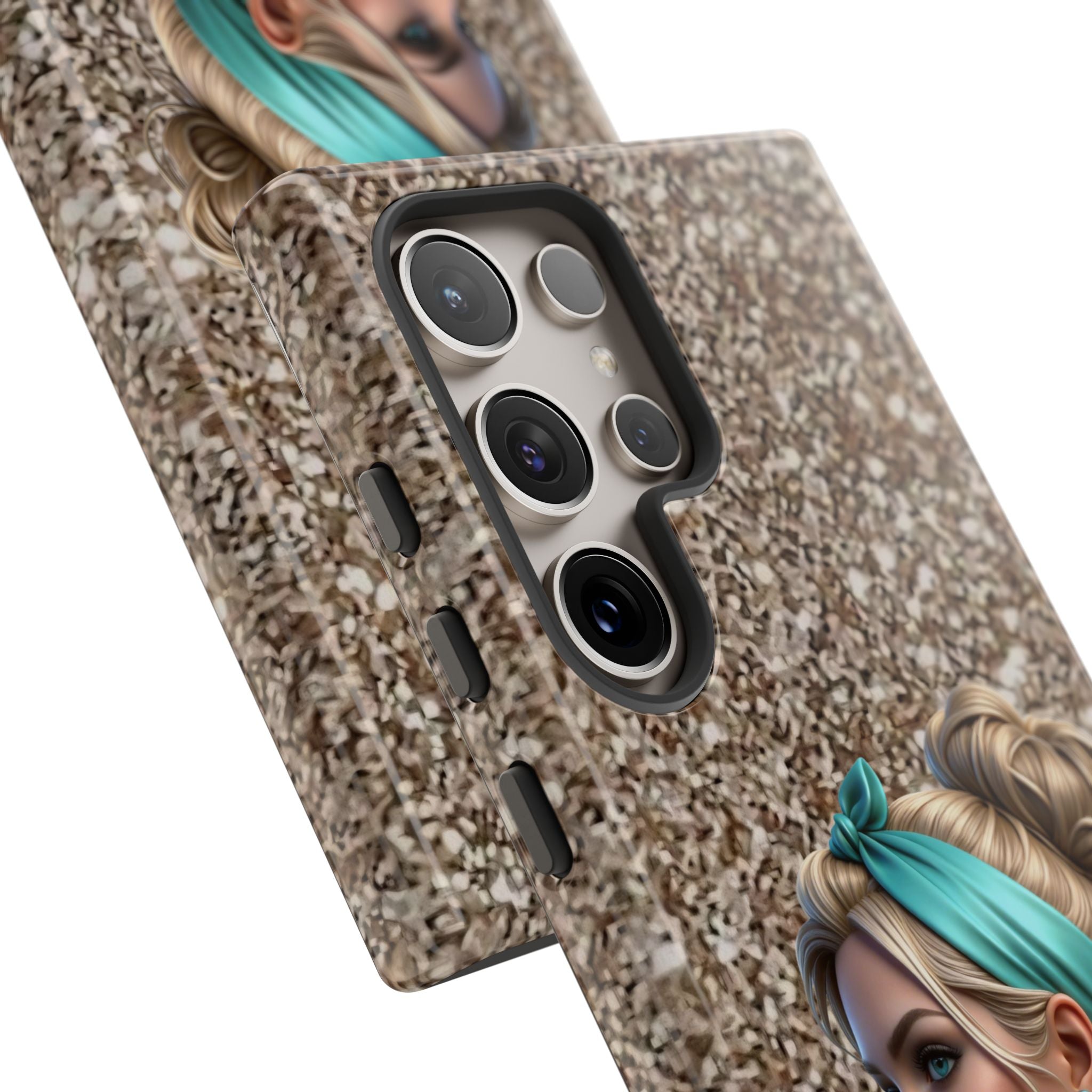 Parisian Glam Phone Case — Retro Pin-Up Girl with Teal Headscarf on Glitter Background Printify