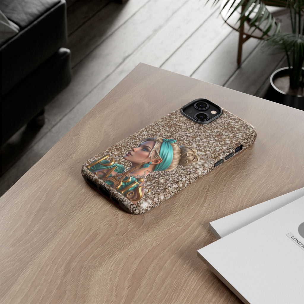Parisian Glam Phone Case — Retro Pin-Up Girl with Teal Headscarf on Glitter Background Printify