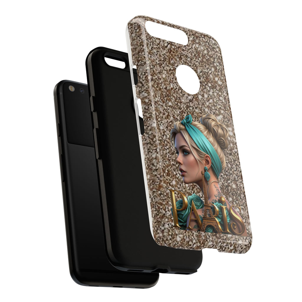 Parisian Glam Phone Case — Retro Pin-Up Girl with Teal Headscarf on Glitter Background Printify