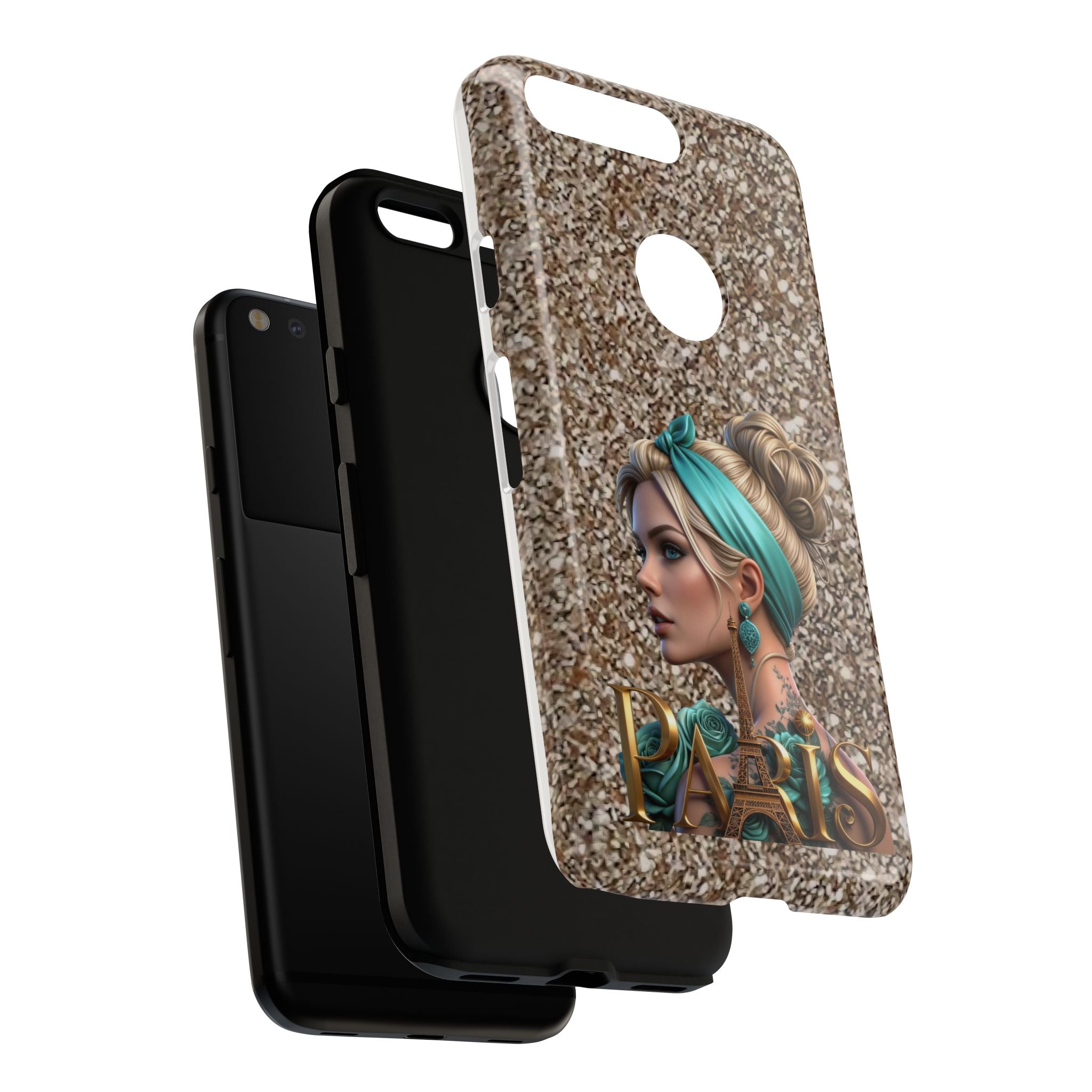 Parisian Glam Phone Case — Retro Pin-Up Girl with Teal Headscarf on Glitter Background Printify