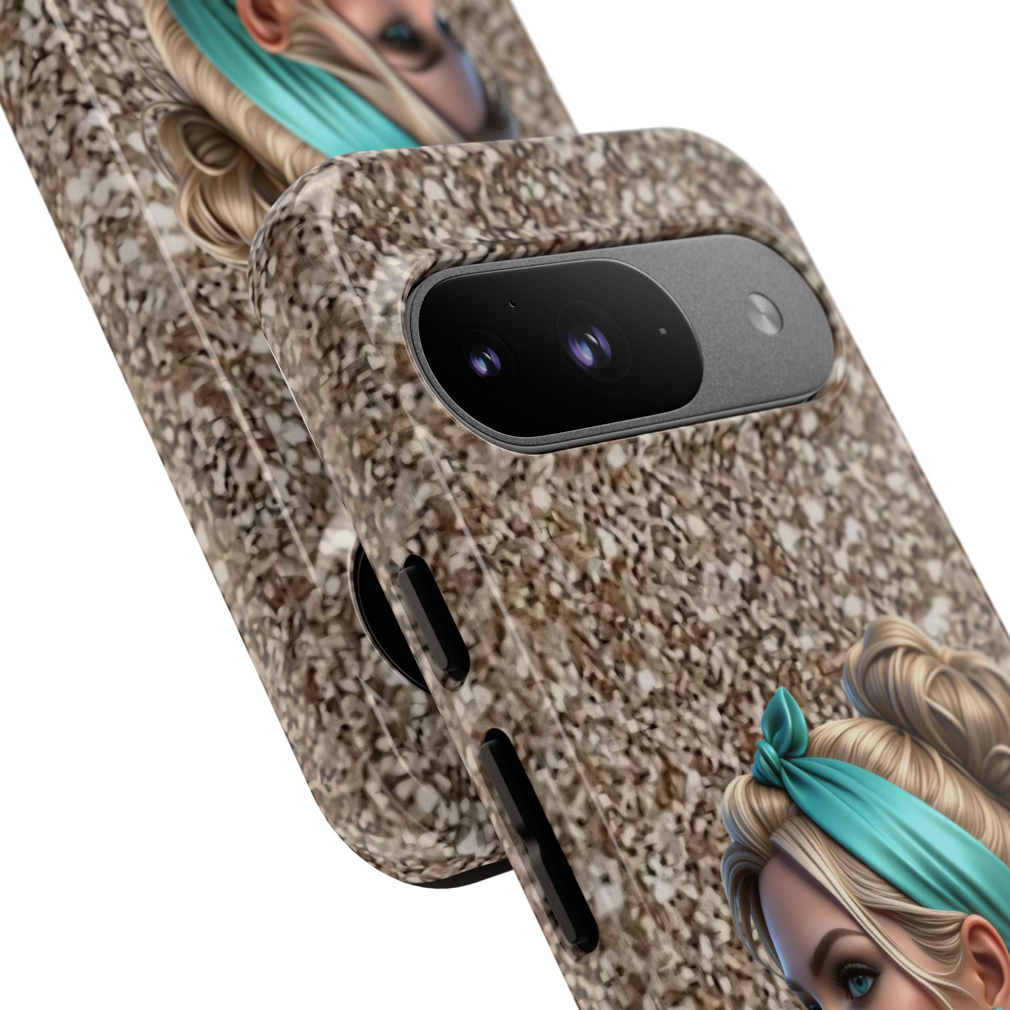 Parisian Glam Phone Case — Retro Pin-Up Girl with Teal Headscarf on Glitter Background Printify