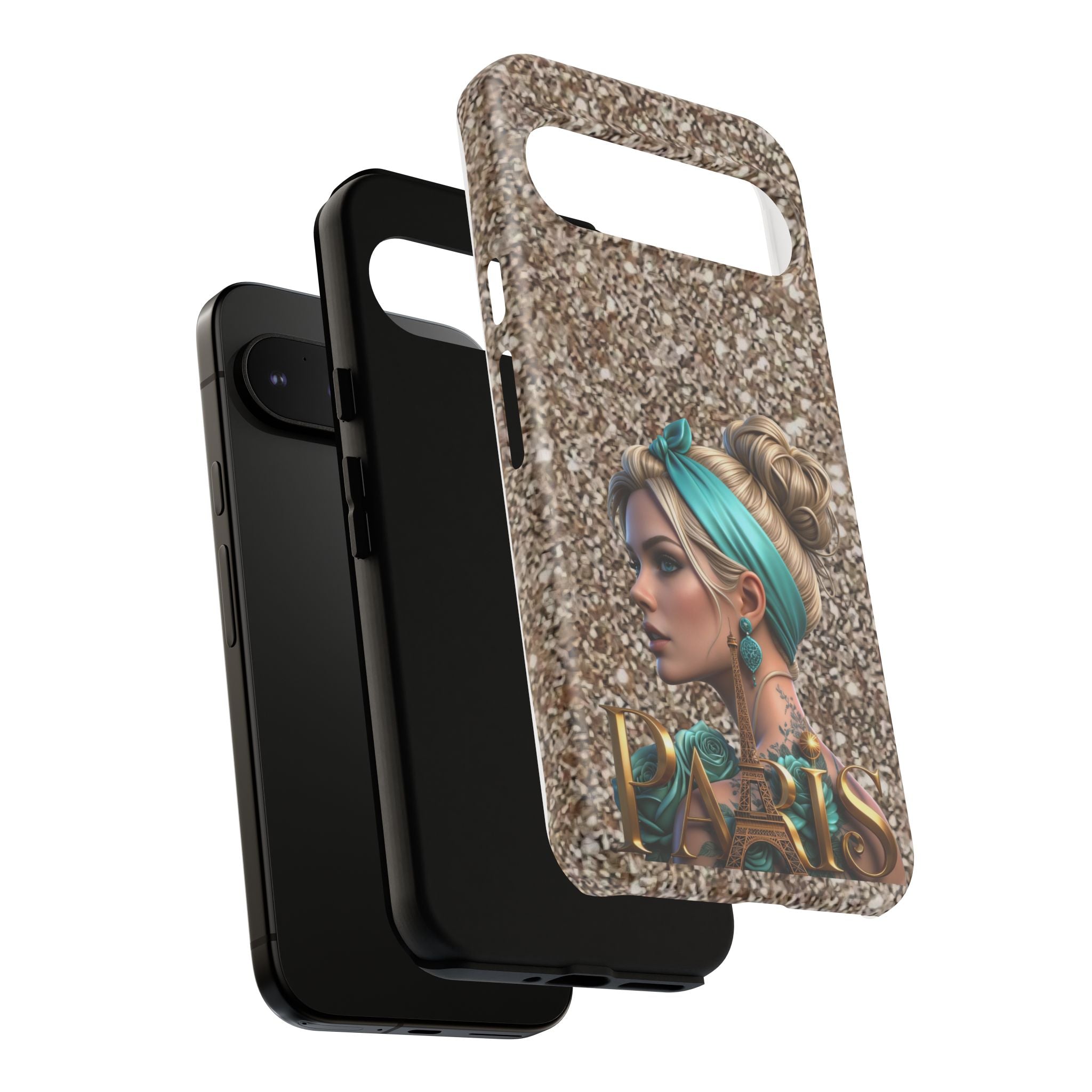 Parisian Glam Phone Case — Retro Pin-Up Girl with Teal Headscarf on Glitter Background Printify