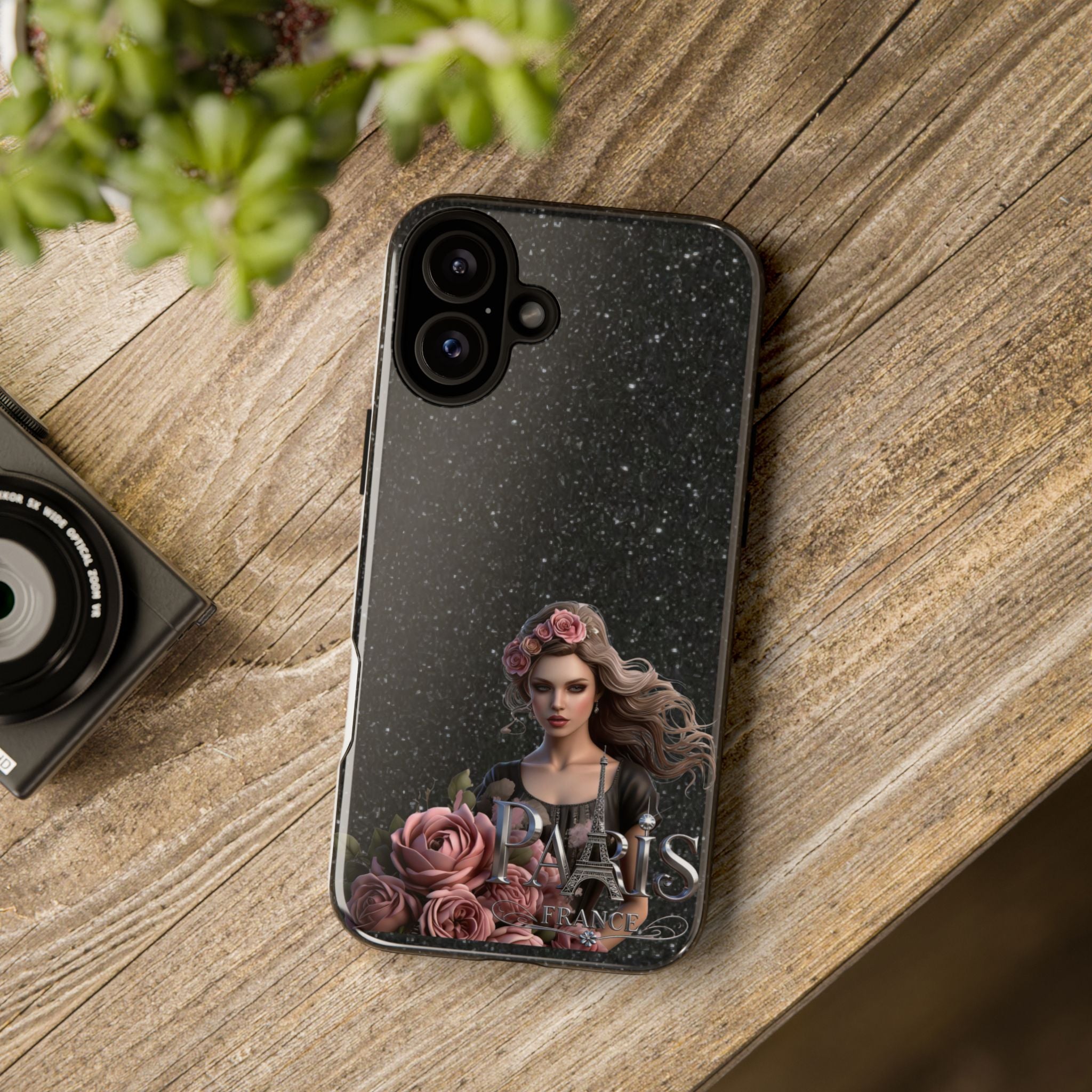 Floral Gothic Phone Case — Rose Crowned Woman on Sparkle Black Printify