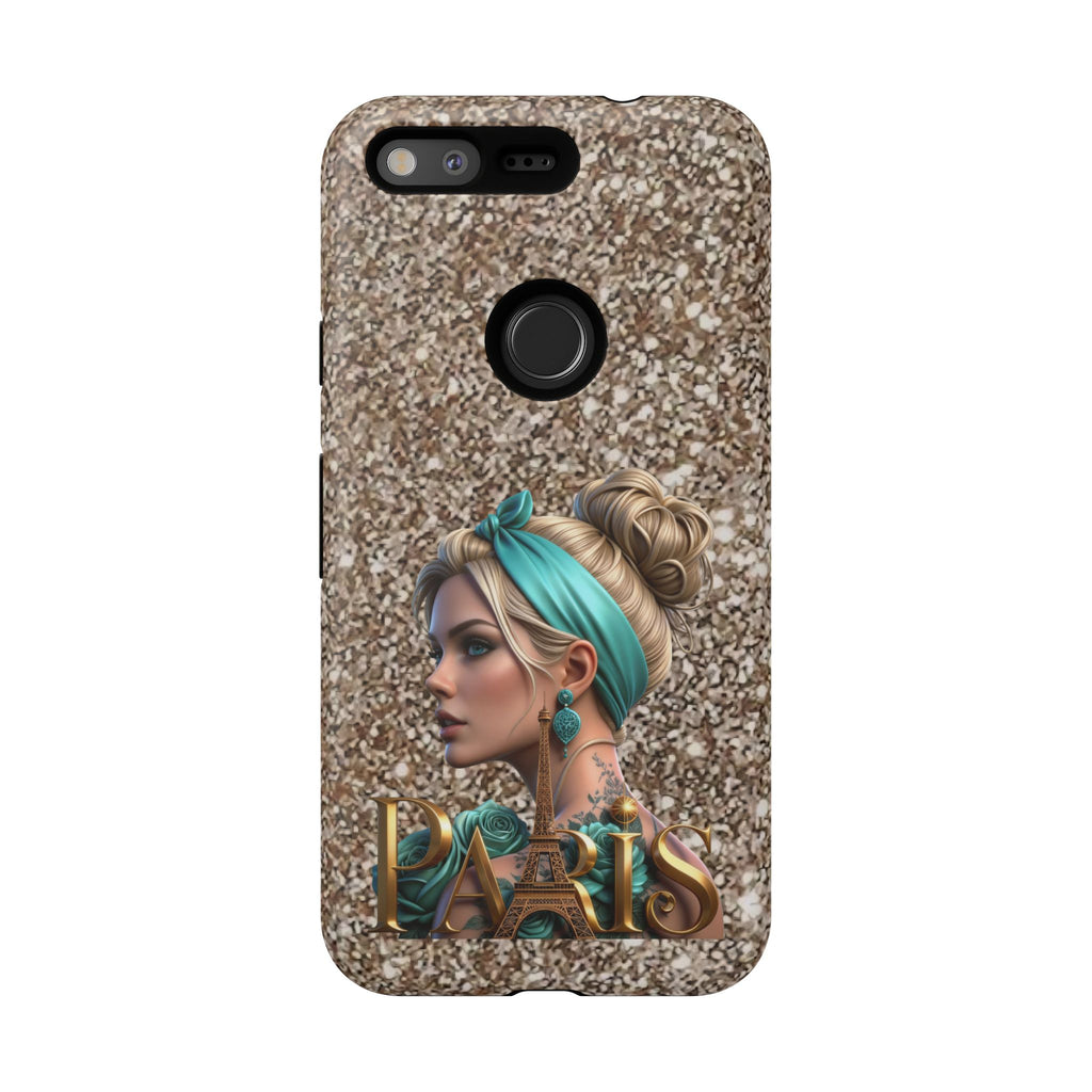Parisian Glam Phone Case — Retro Pin-Up Girl with Teal Headscarf on Glitter Background Printify