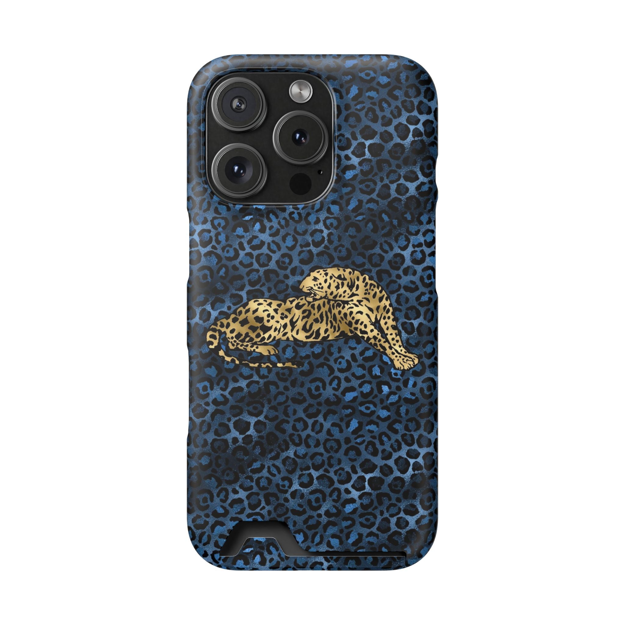 Blue Leopard Phone Case with Card Holder — Gold Cheetah Accent Printify