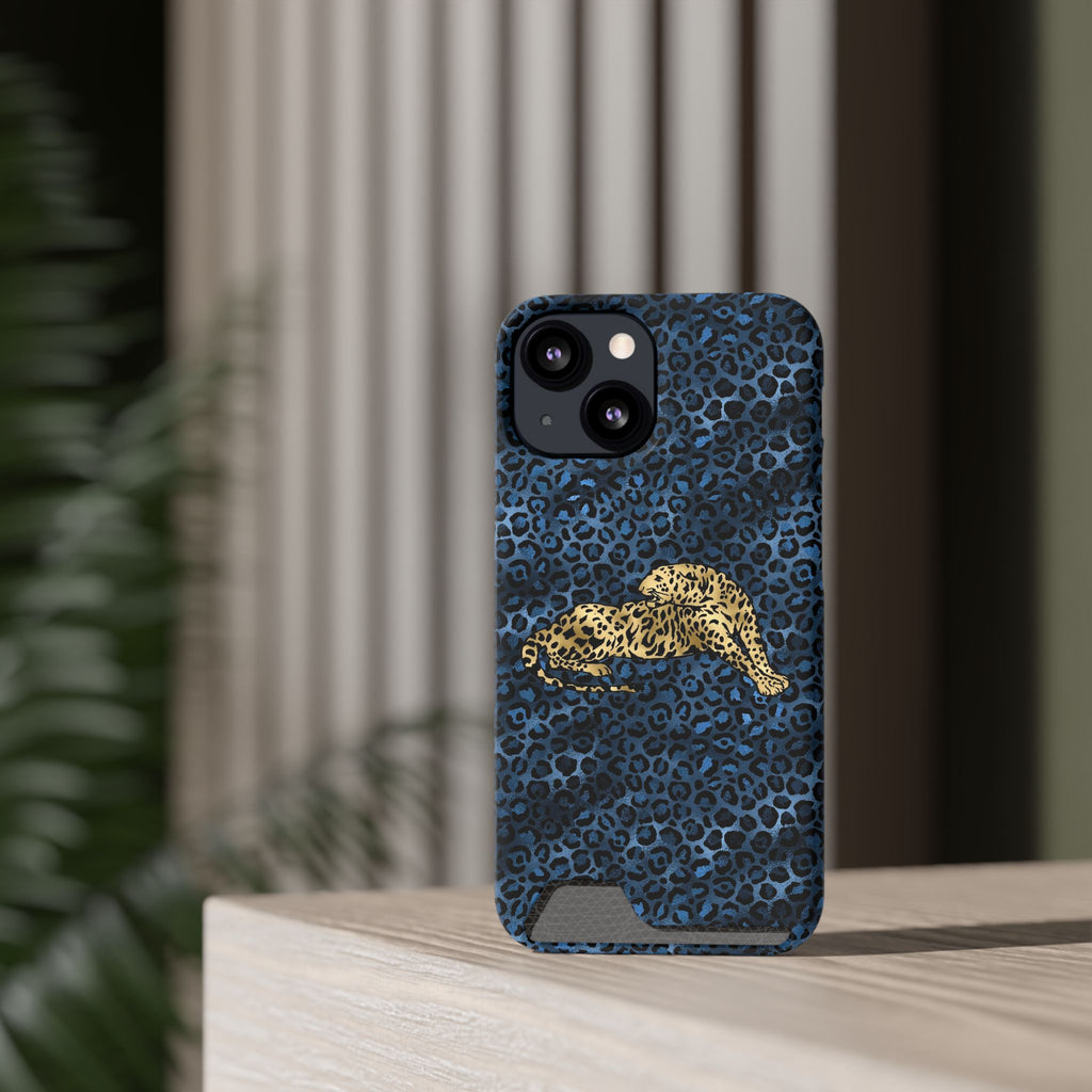 Blue Leopard Phone Case with Card Holder — Gold Cheetah Accent Printify