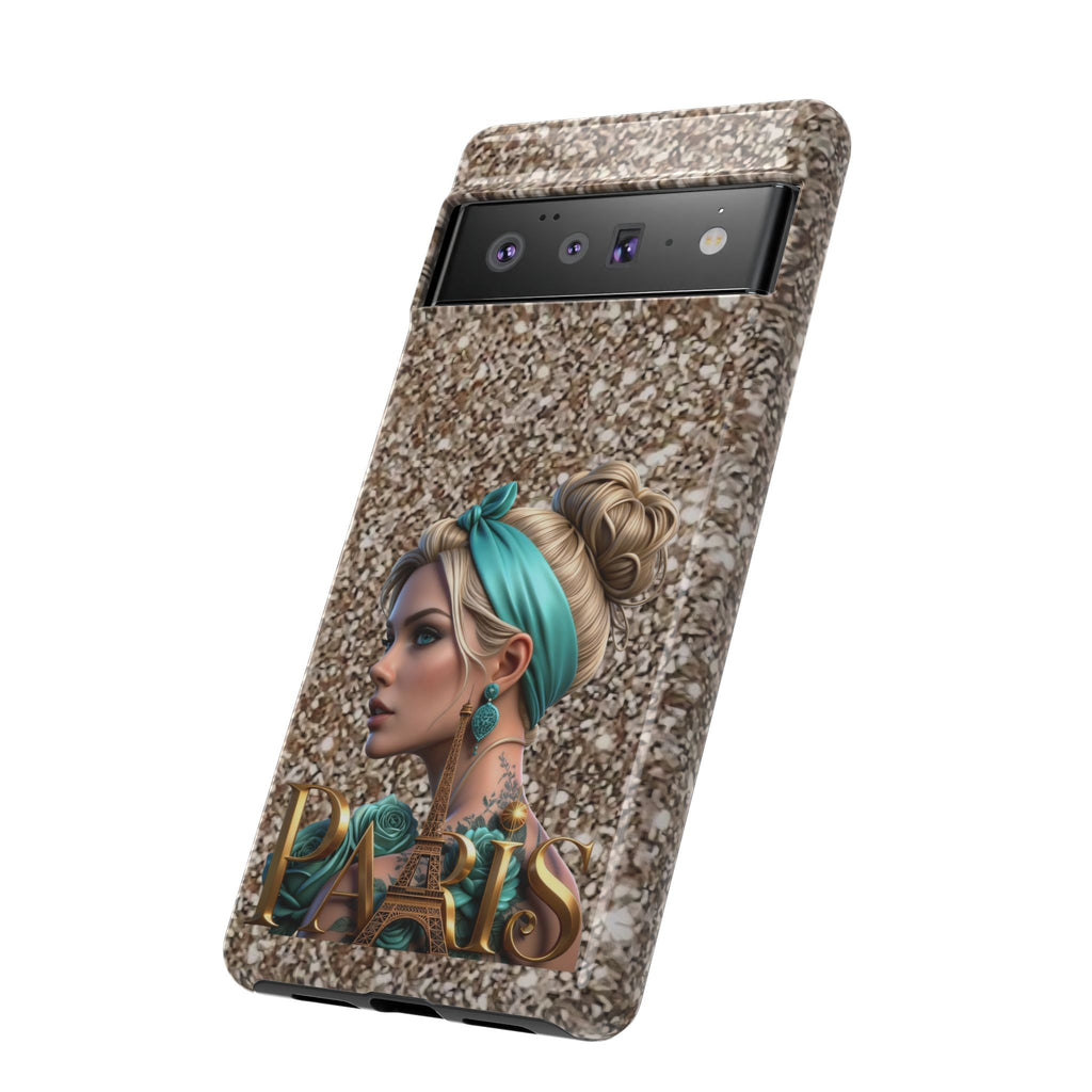 Parisian Glam Phone Case — Retro Pin-Up Girl with Teal Headscarf on Glitter Background Printify