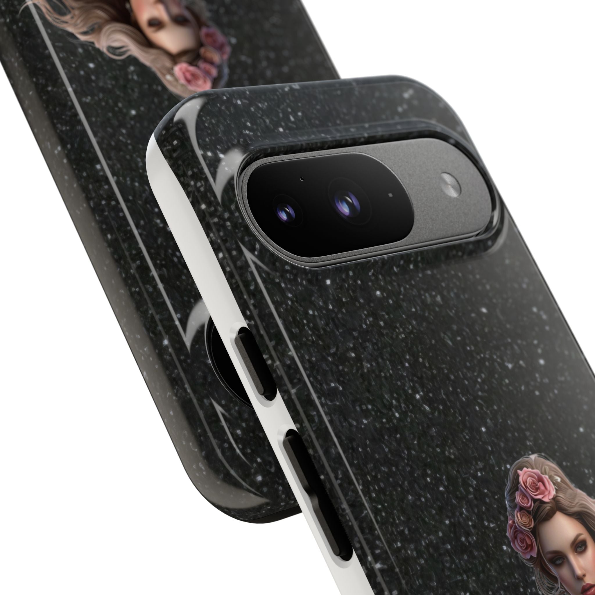 Floral Gothic Phone Case — Rose Crowned Woman on Sparkle Black Printify