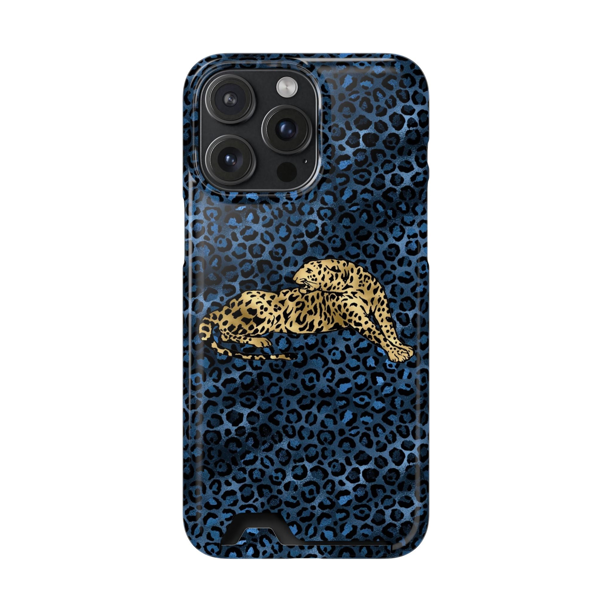 Blue Leopard Phone Case with Card Holder — Gold Cheetah Accent Printify