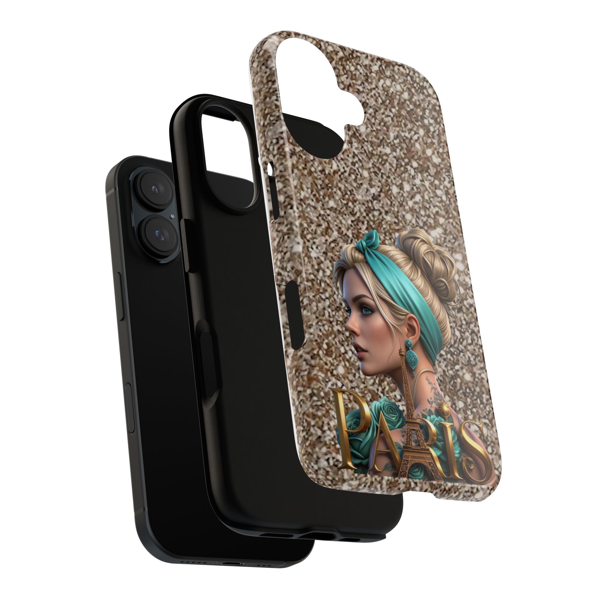 Parisian Glam Phone Case — Retro Pin-Up Girl with Teal Headscarf on Glitter Background Printify