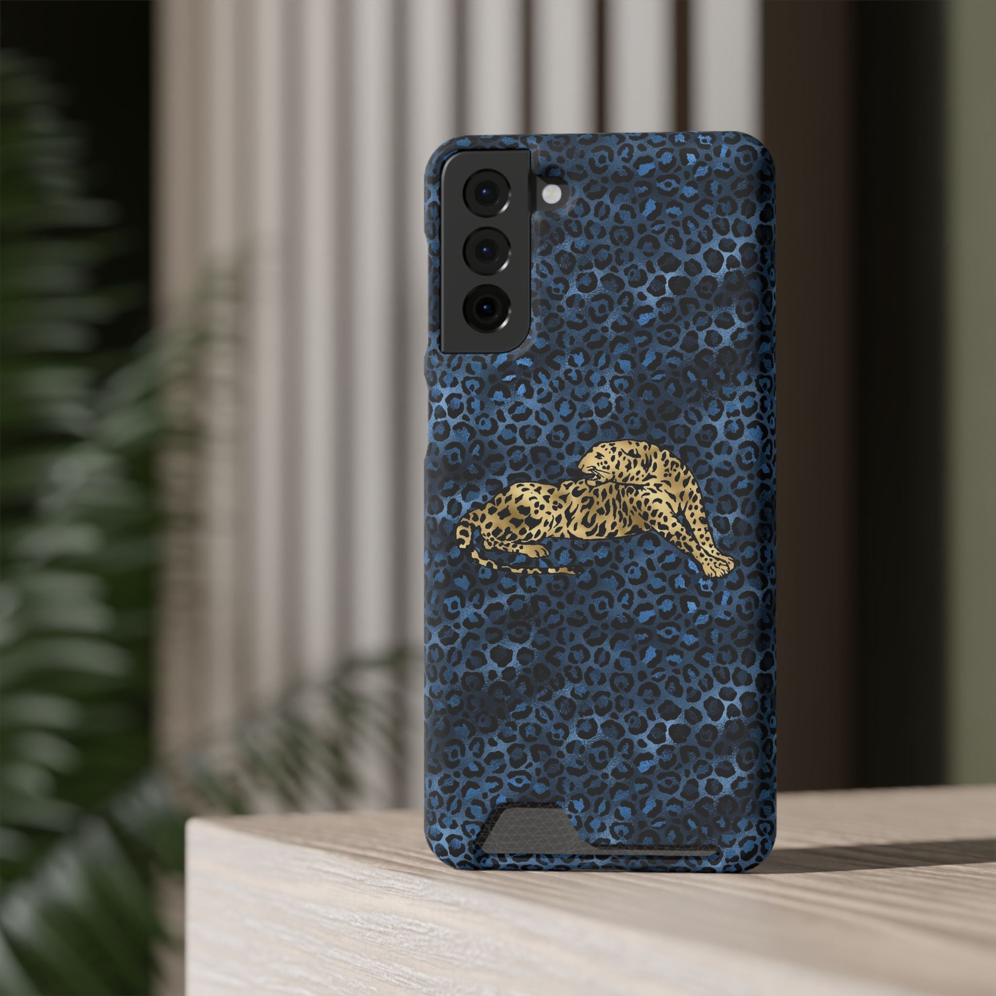 Blue Leopard Phone Case with Card Holder — Gold Cheetah Accent Printify