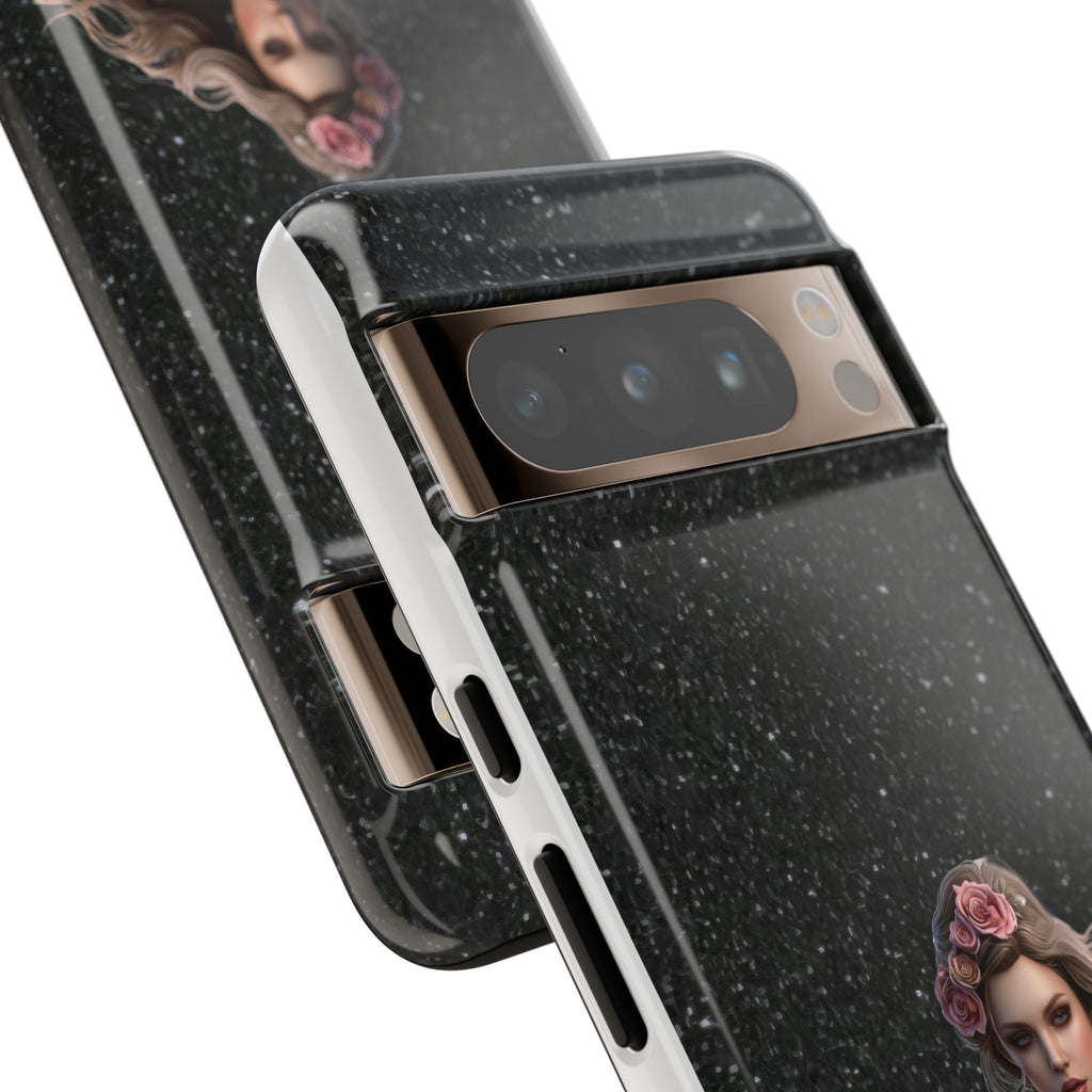 Floral Gothic Phone Case — Rose Crowned Woman on Sparkle Black Printify
