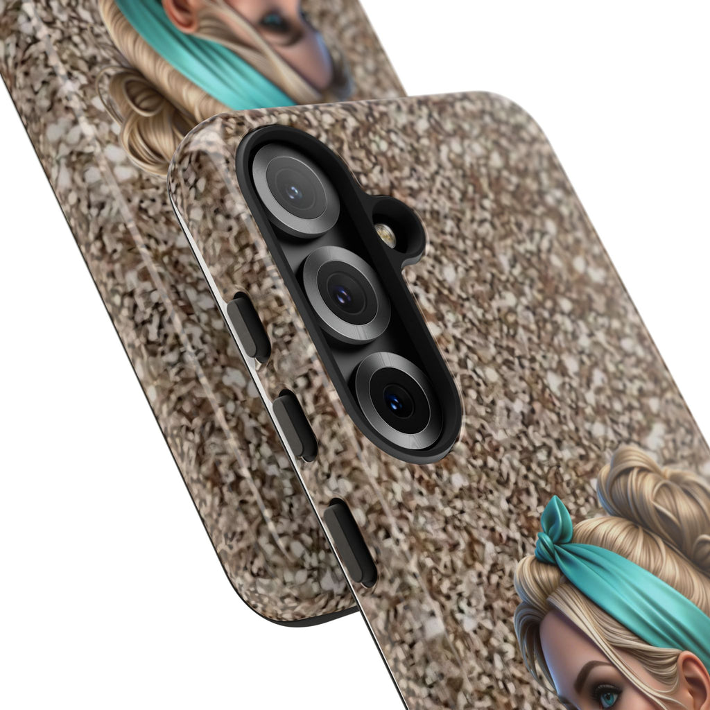 Parisian Glam Phone Case — Retro Pin-Up Girl with Teal Headscarf on Glitter Background Printify