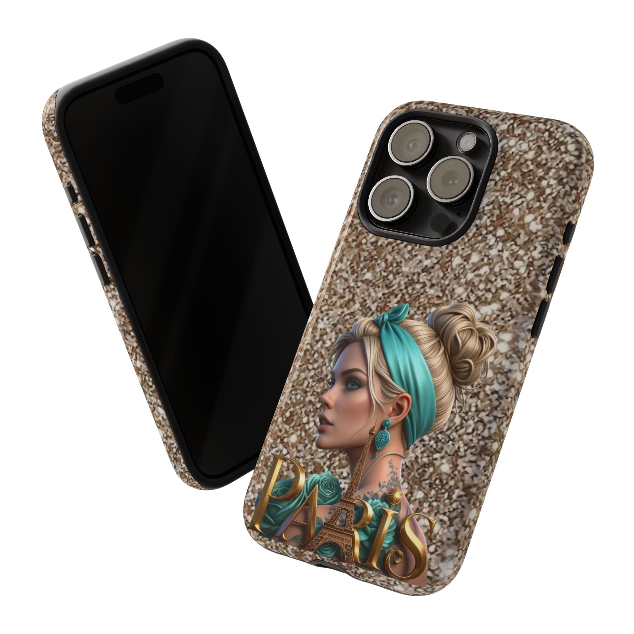 Parisian Glam Phone Case — Retro Pin-Up Girl with Teal Headscarf on Glitter Background Printify