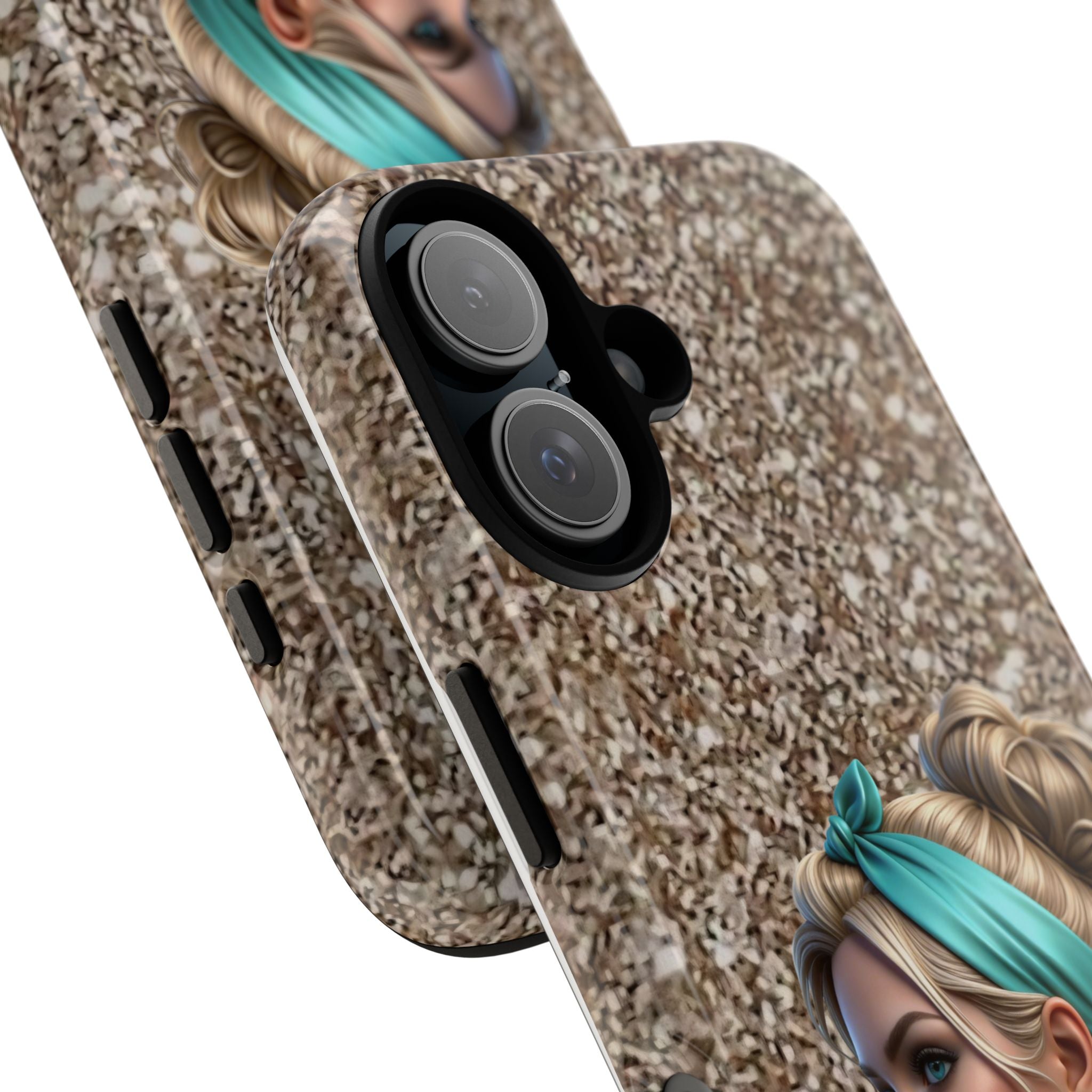 Parisian Glam Phone Case — Retro Pin-Up Girl with Teal Headscarf on Glitter Background Printify