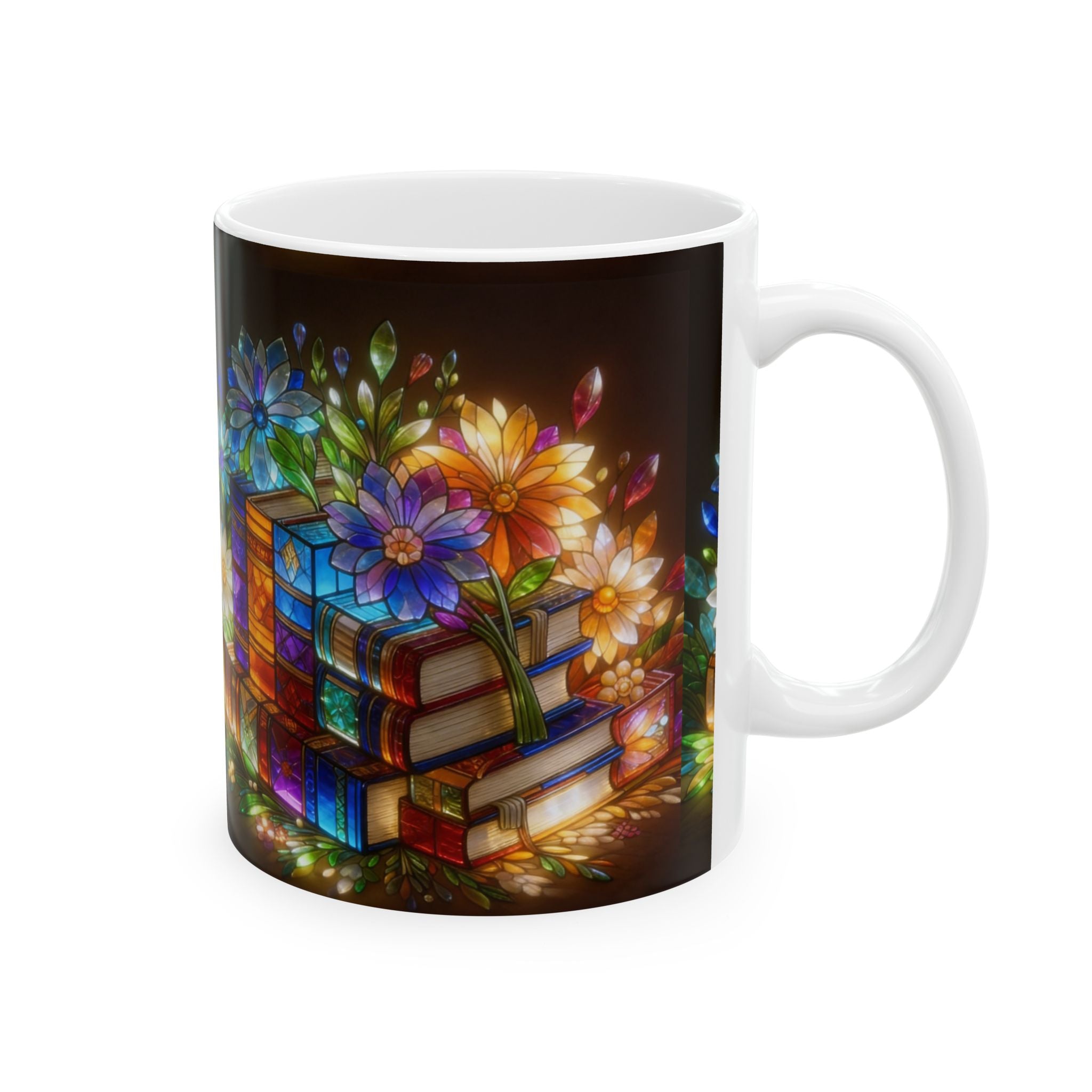 Color Glas Ceramic Mug — Stained Glass Books & Flowers Floral Reading Mug (11oz/15oz) Printify