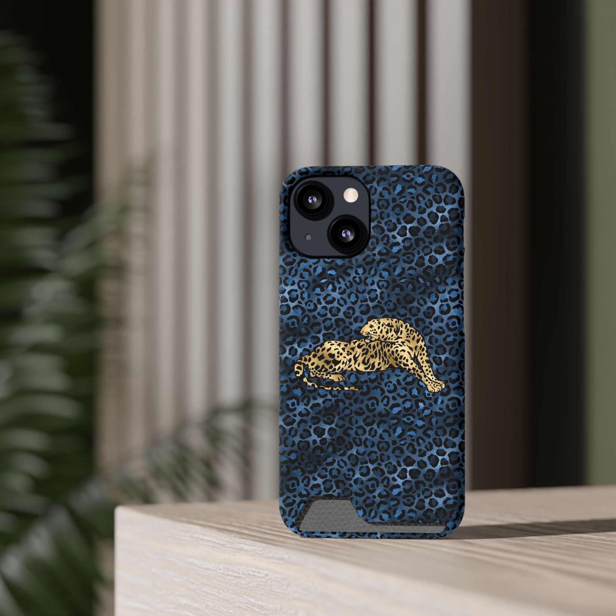 Blue Leopard Phone Case with Card Holder — Gold Cheetah Accent Printify