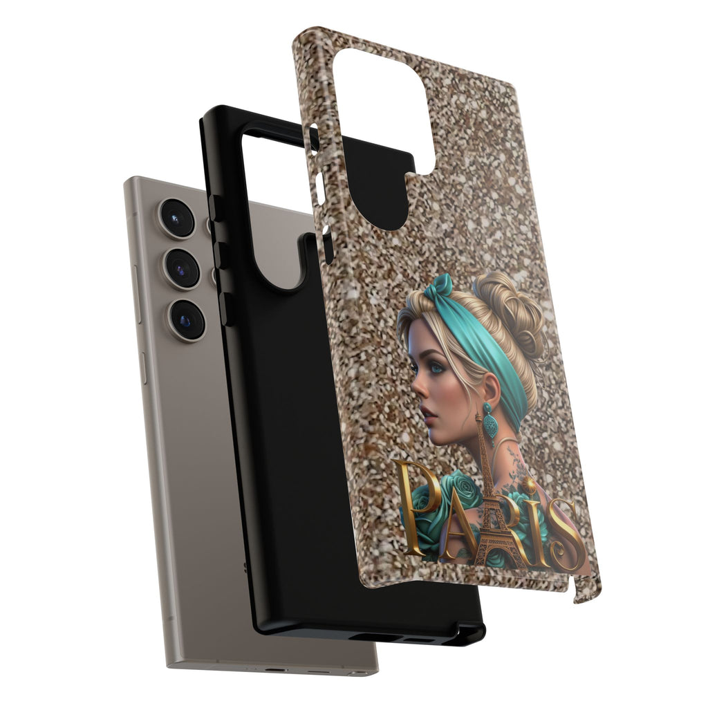 Parisian Glam Phone Case — Retro Pin-Up Girl with Teal Headscarf on Glitter Background Printify