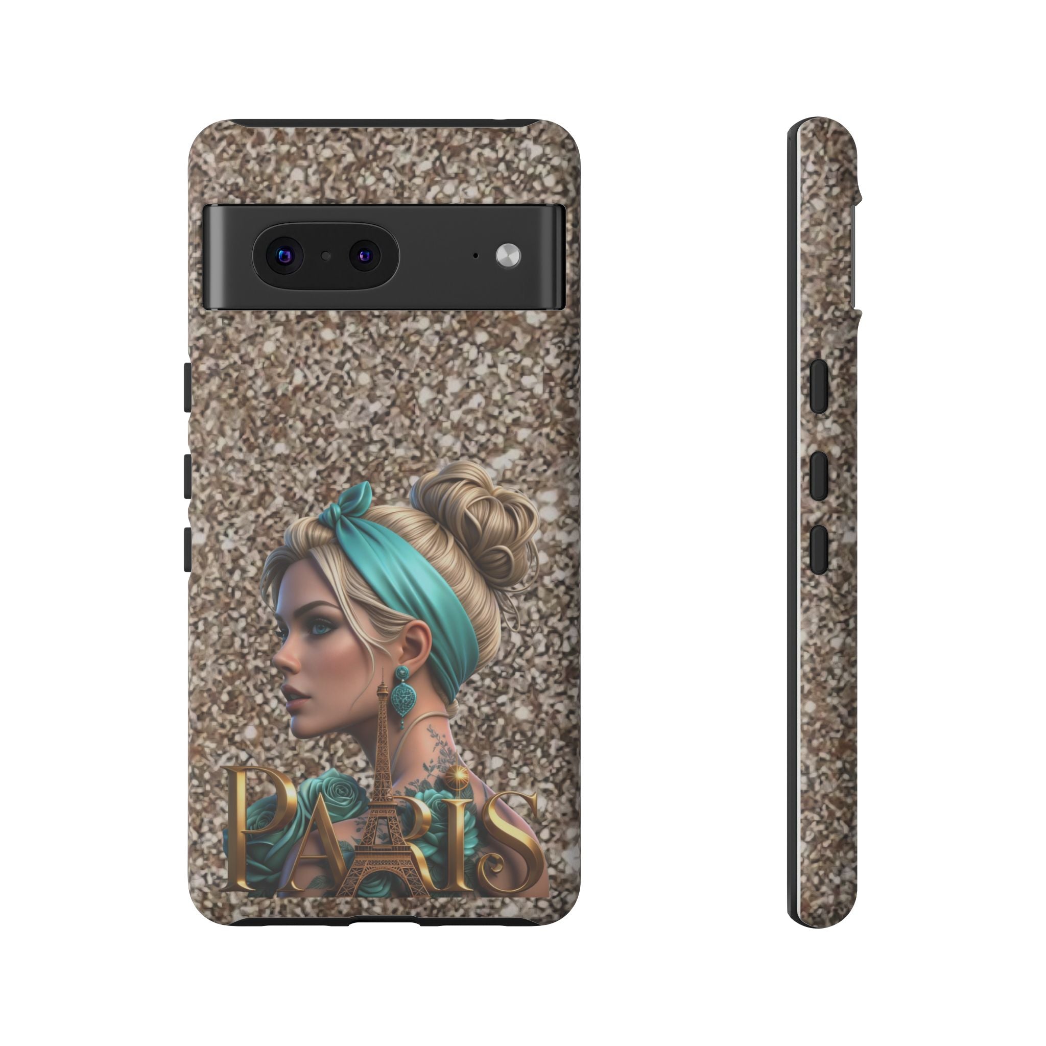 Parisian Glam Phone Case — Retro Pin-Up Girl with Teal Headscarf on Glitter Background Printify